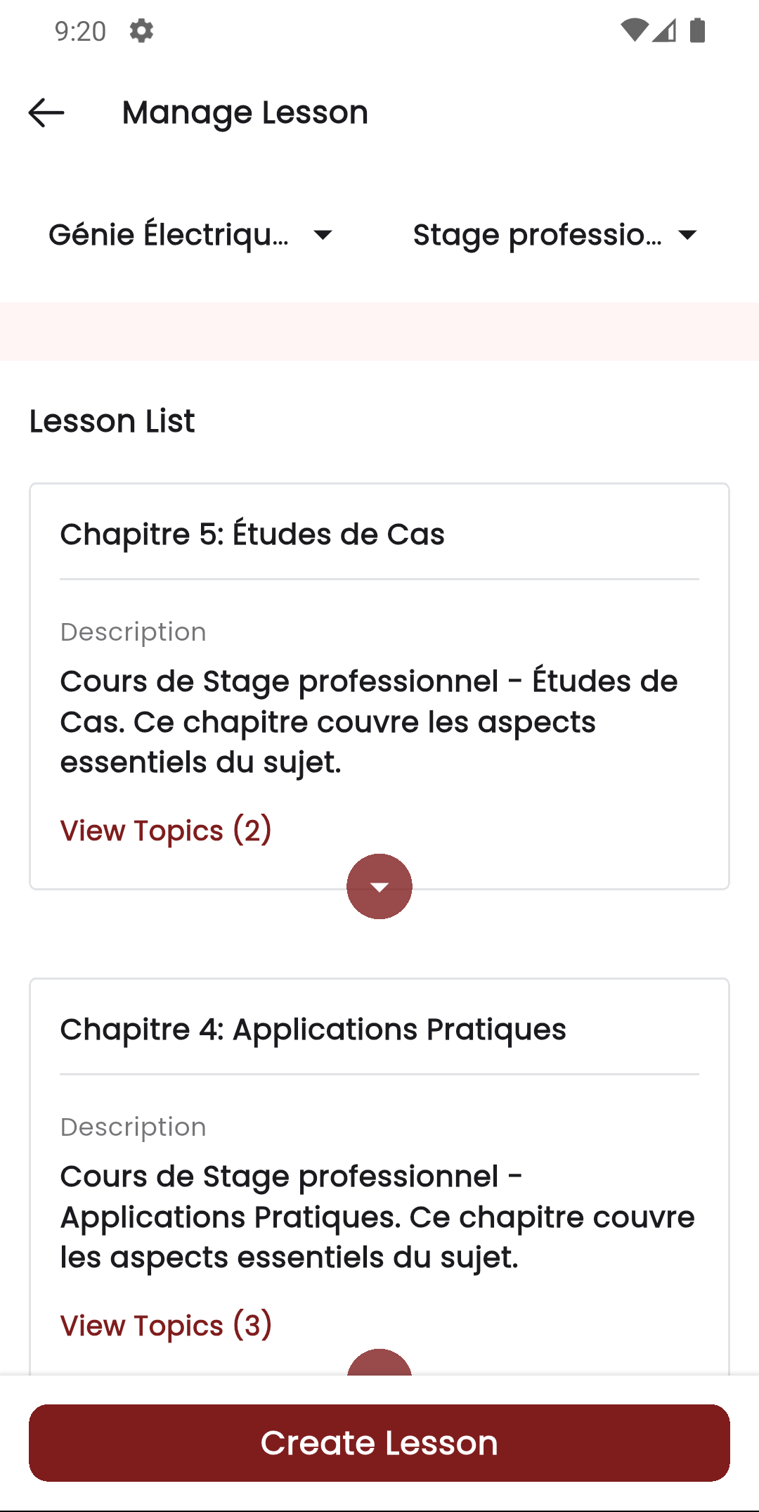 Staff app lesson list showing lessons grouped by subject