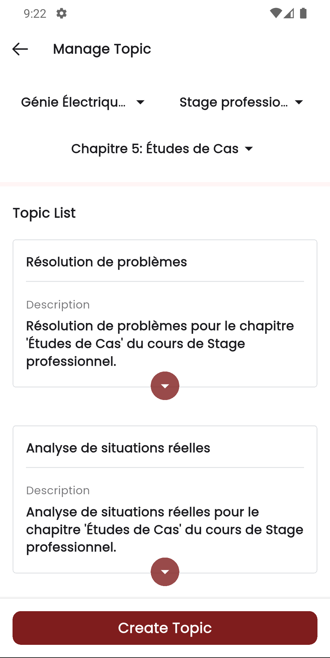 Staff app topic list showing topics within a lesson