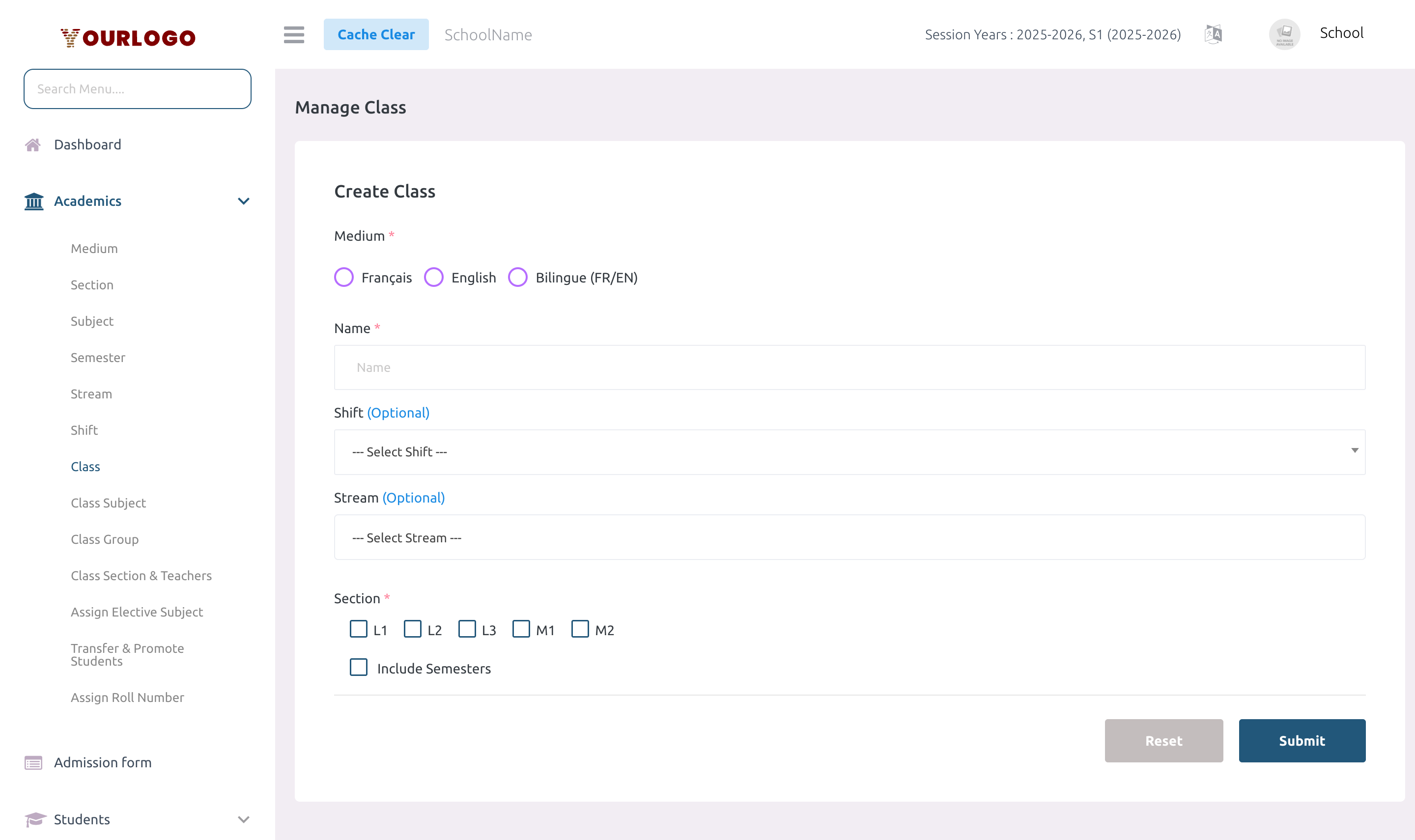 Class list page with filterable table showing all configured classes