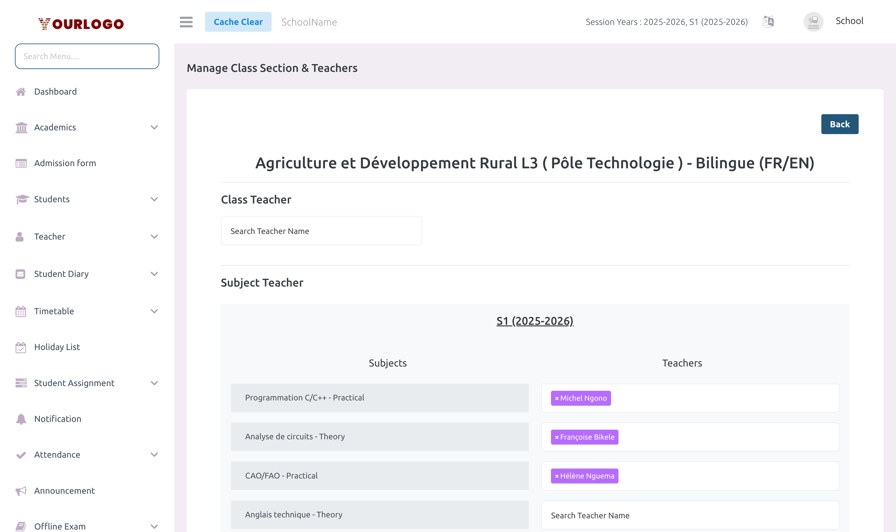 Class Section edit form showing class teacher and subject teacher assignment dropdowns