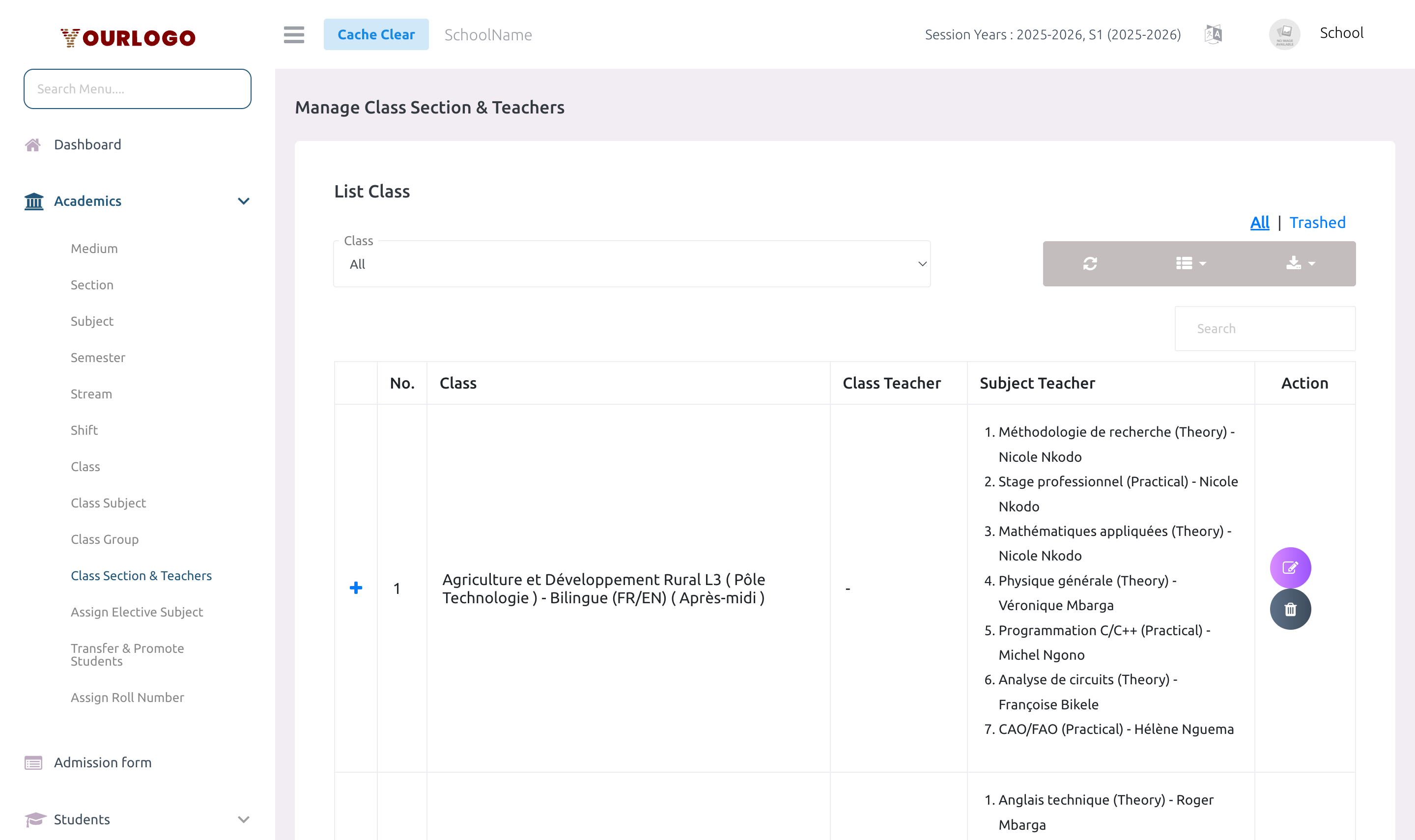 Class Section & Teachers list page showing all sections with class teacher and subject teacher assignments