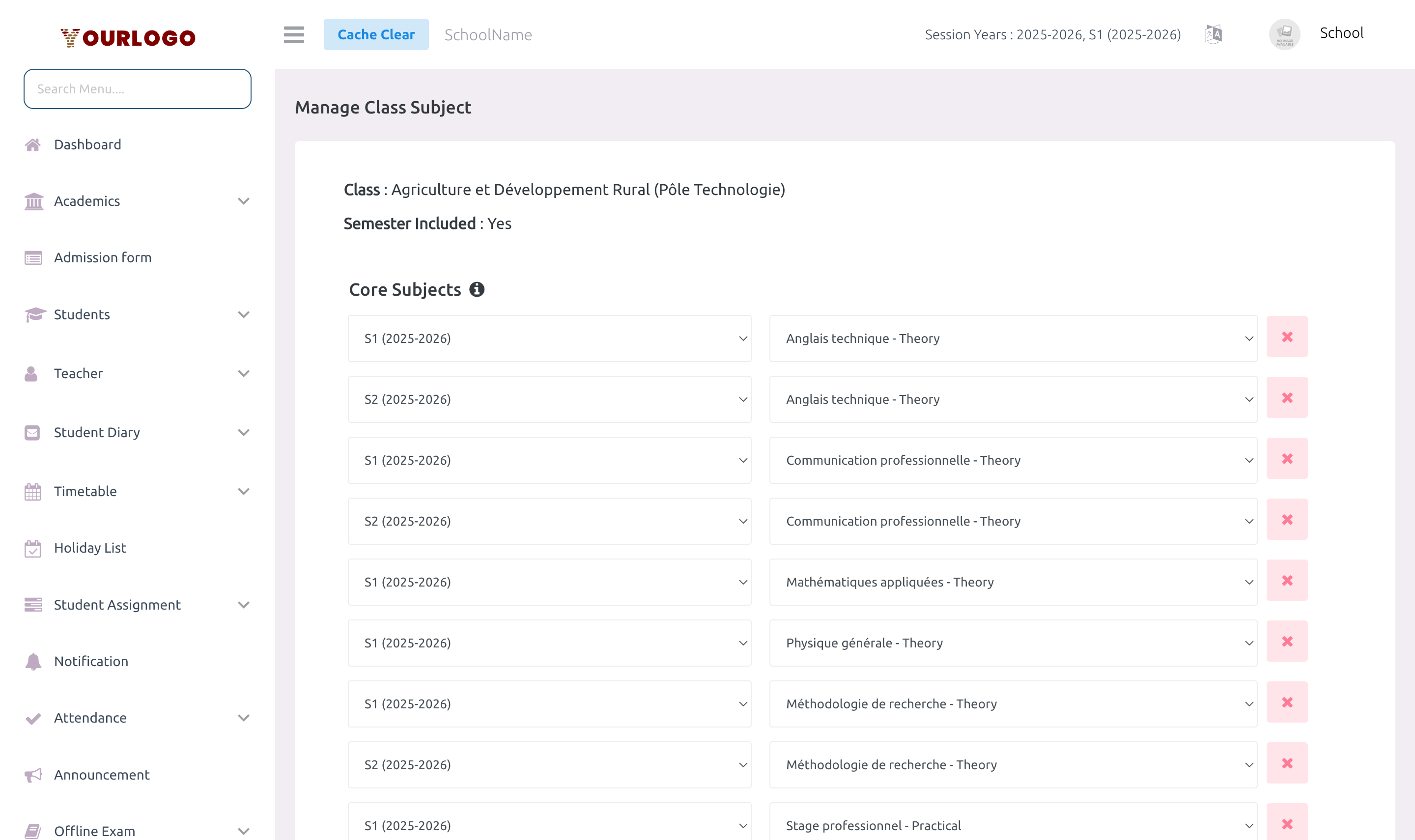 Class Subject edit form showing core subjects and elective groups assignment