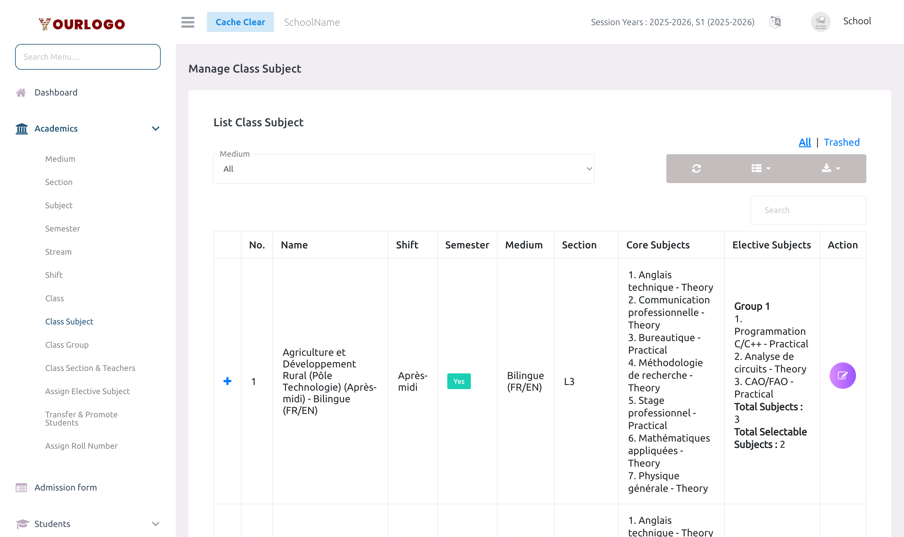 Class Subject list page showing classes with their assigned core and elective subjects