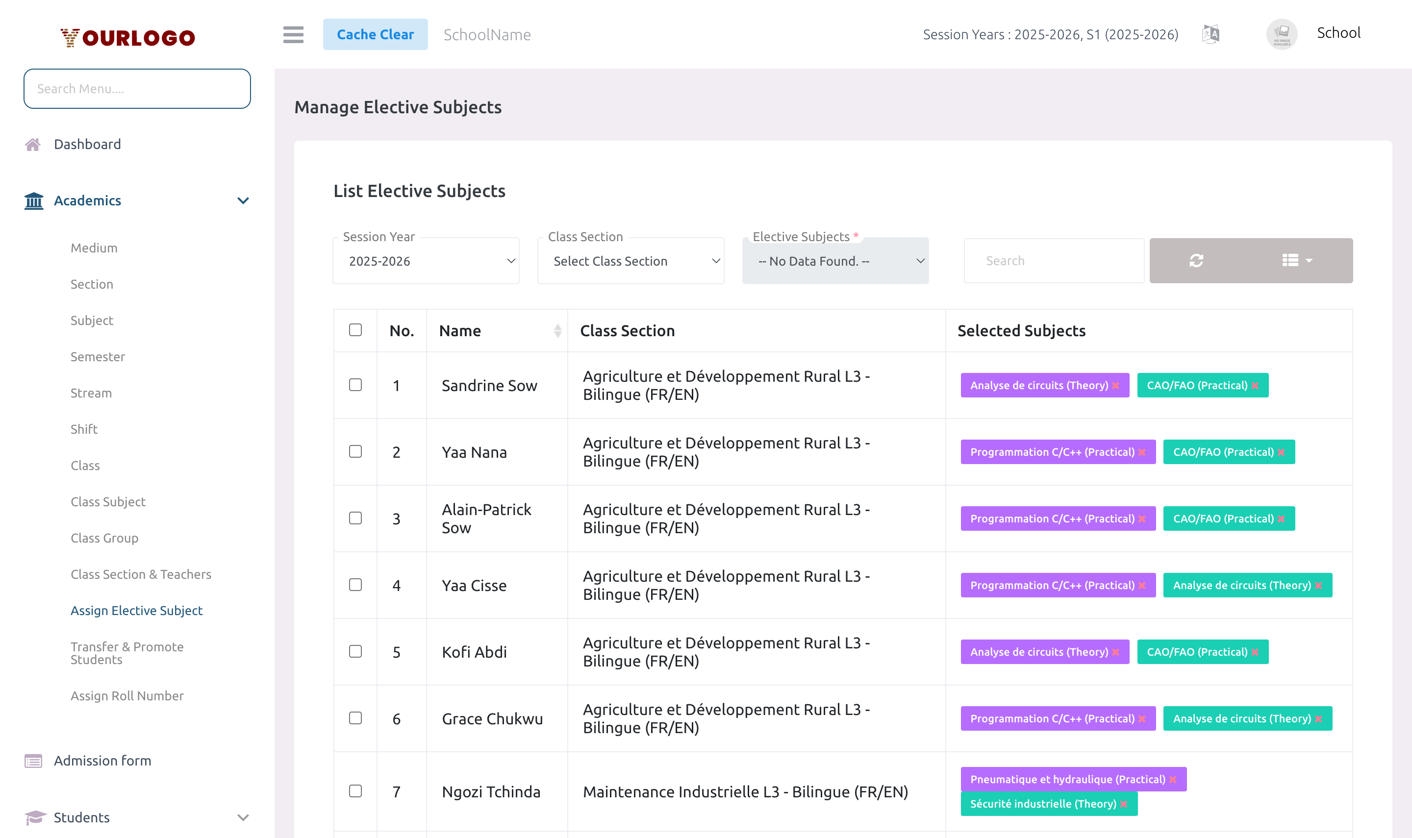 Assign Elective Subject page showing class section selection and student assignment table
