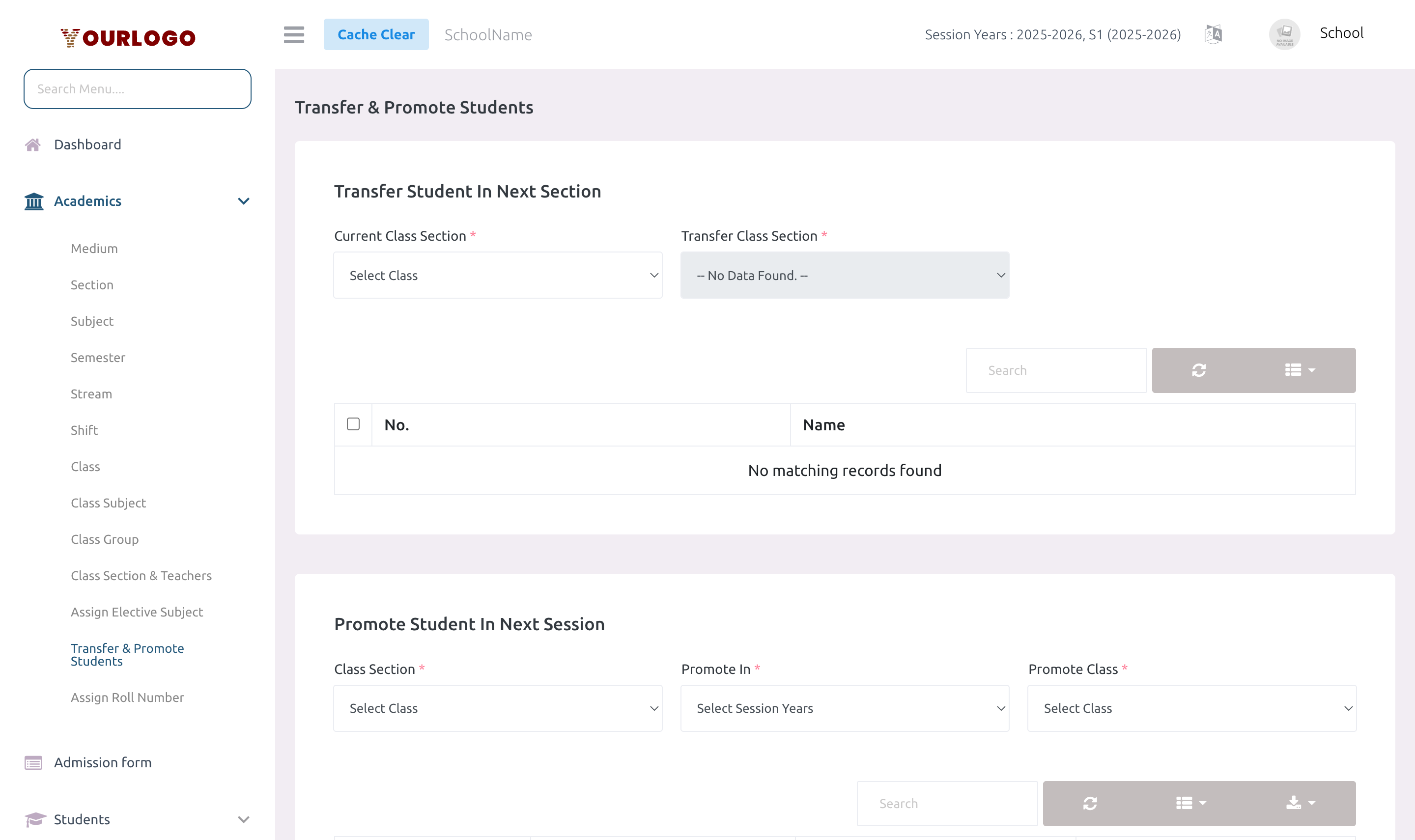 Transfer & Promote Students page showing both transfer and promote sections
