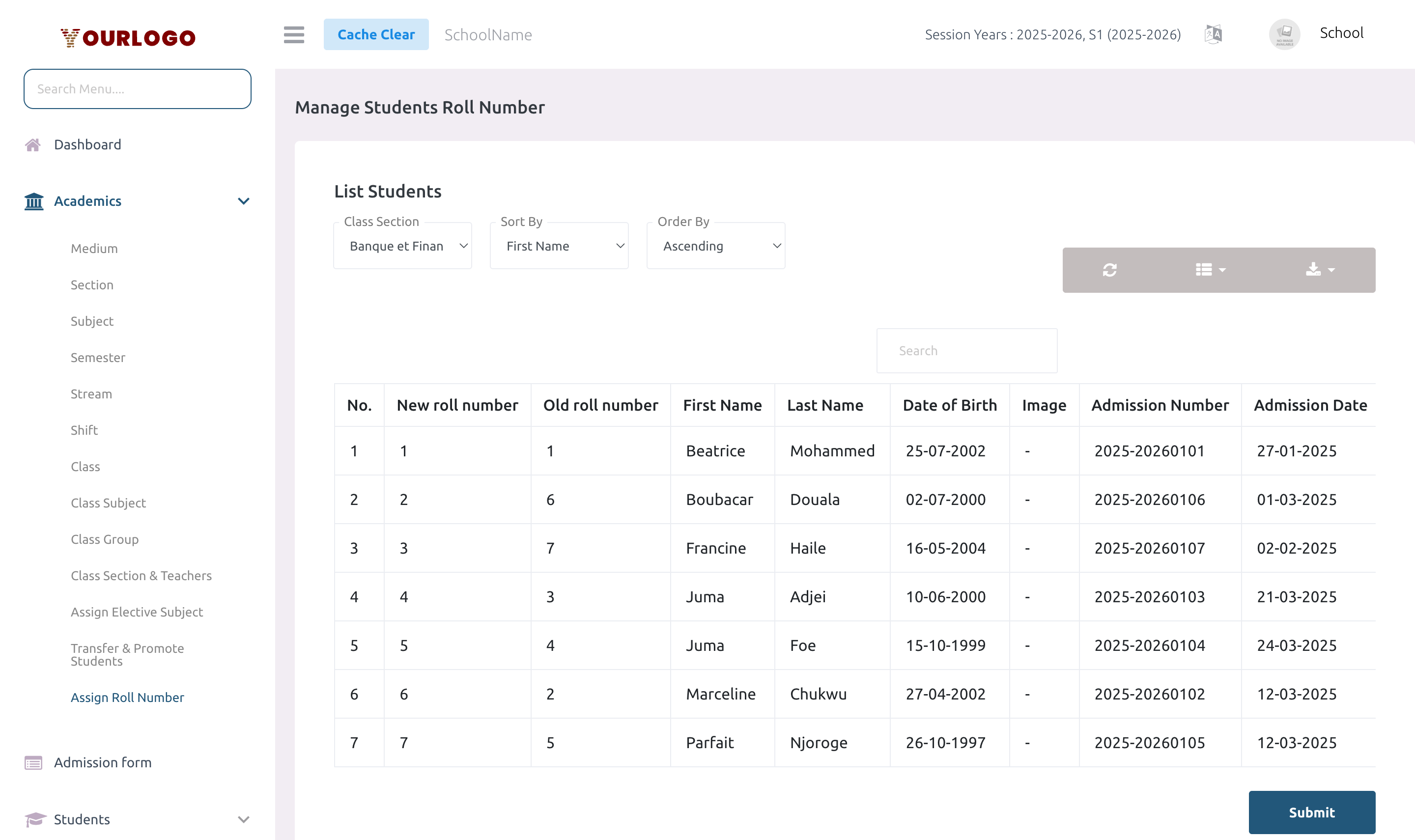 Assign Roll Number page showing class section selection and student roll number list