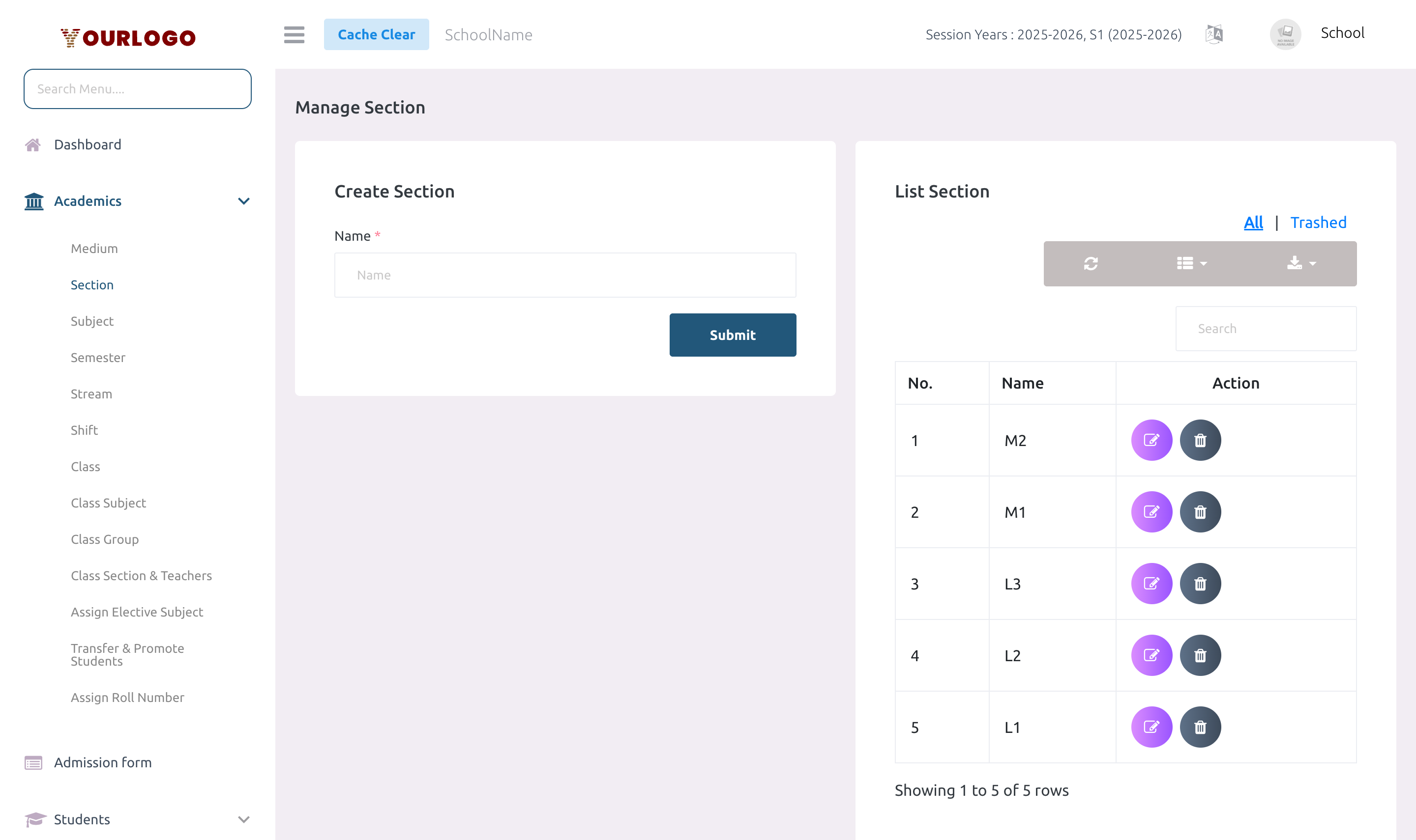 Section management page showing the create form and list table