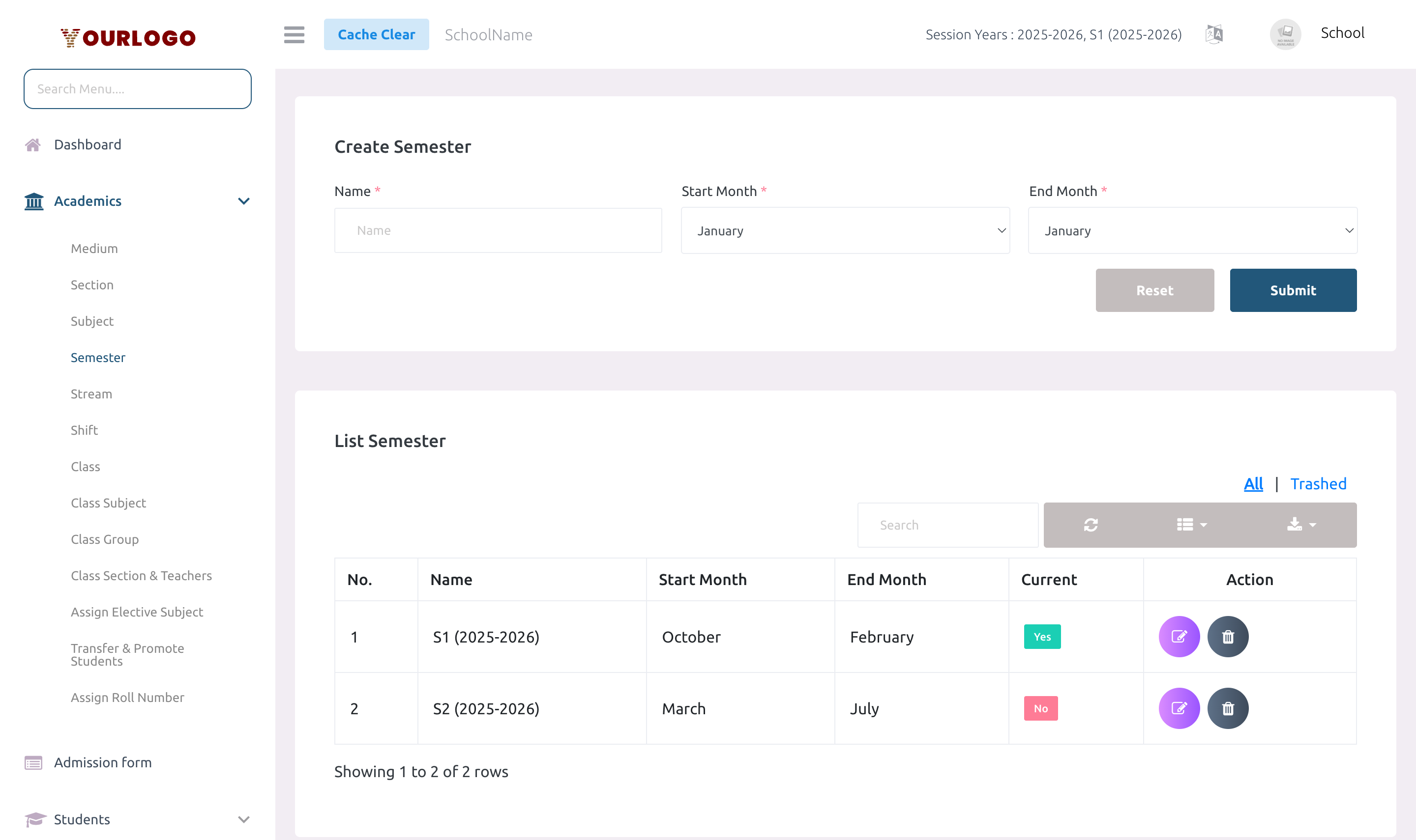 Semester creation form with name, start month, and end month fields