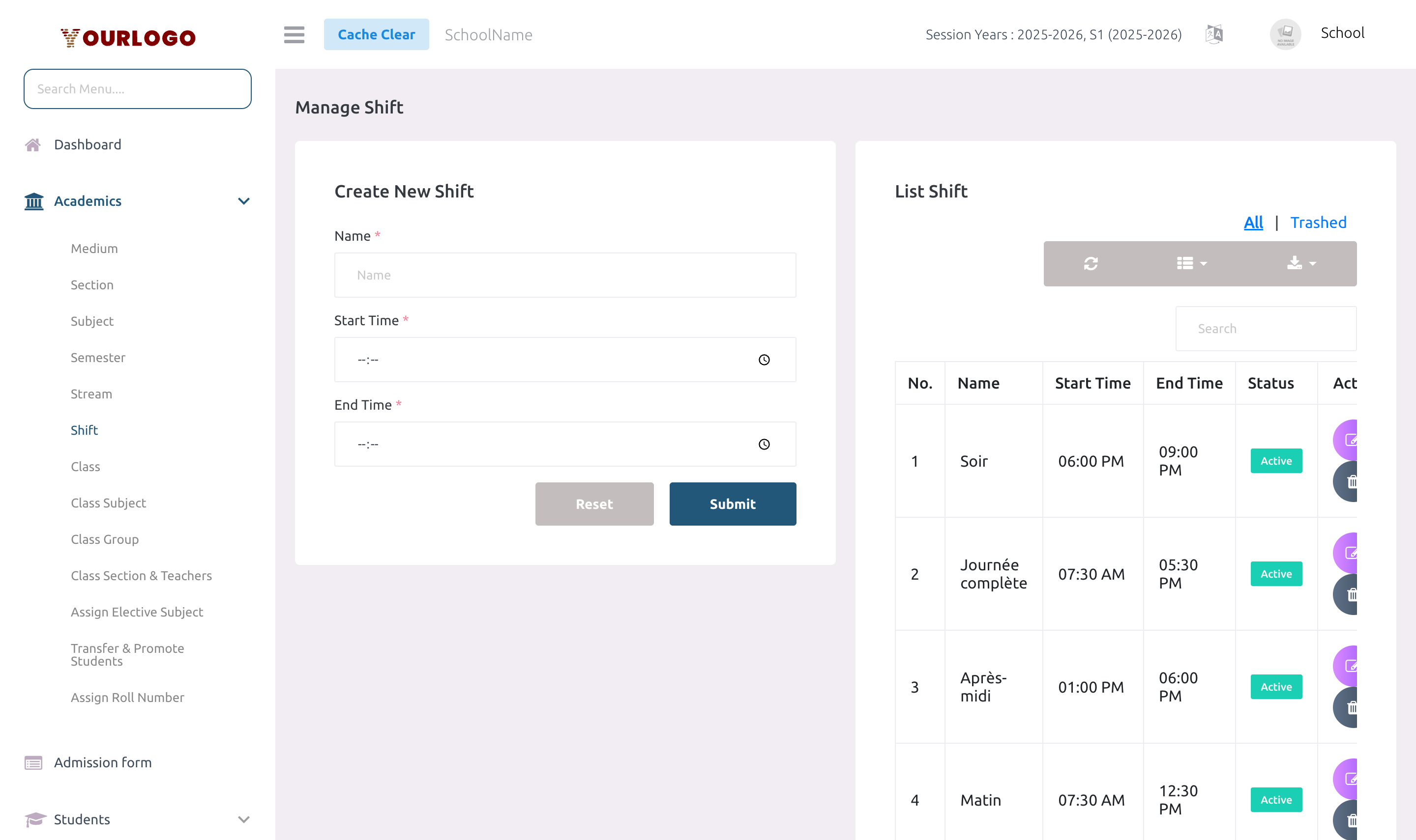 Shift creation form with name, start time, and end time fields