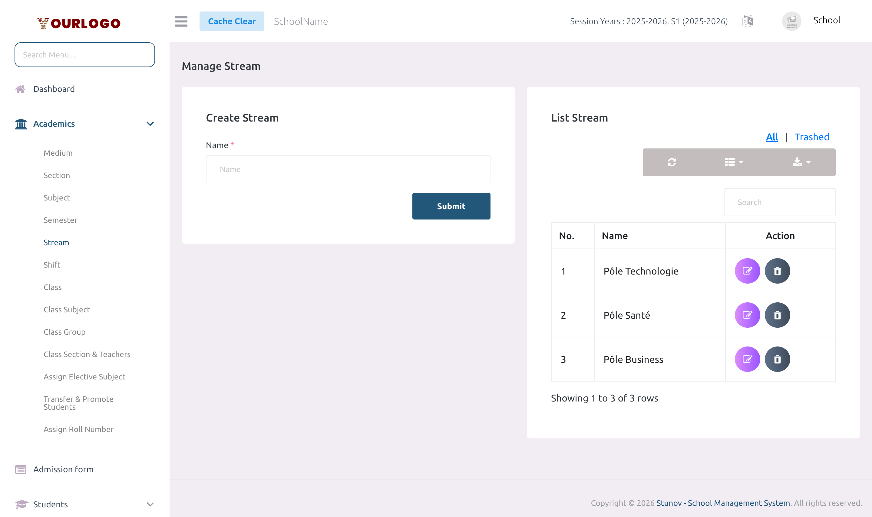 Stream management page showing the create form and list table