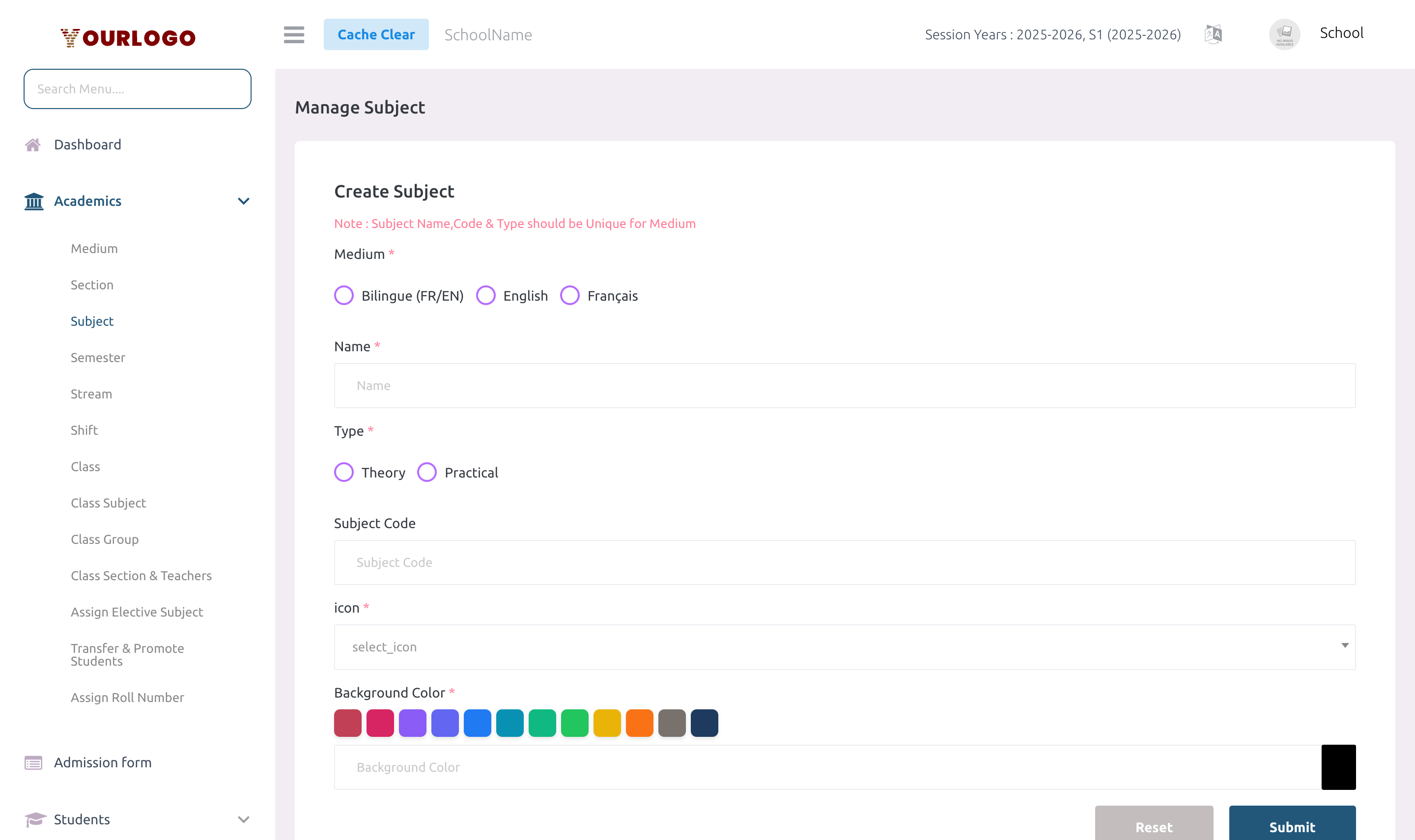 Subject creation form with medium, name, type, code, background color, and icon fields