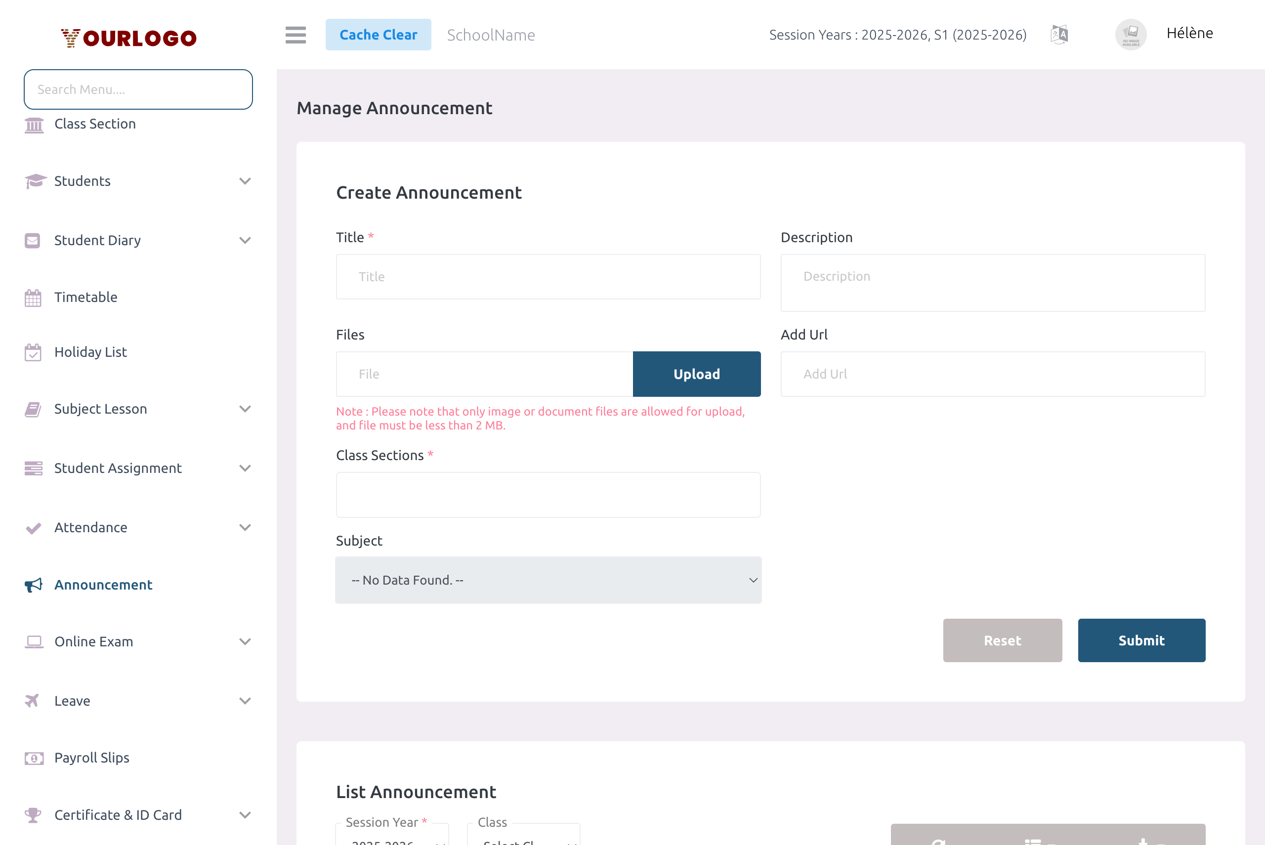 Announcement creation form with title, description, file upload, URL, class sections, and subject fields