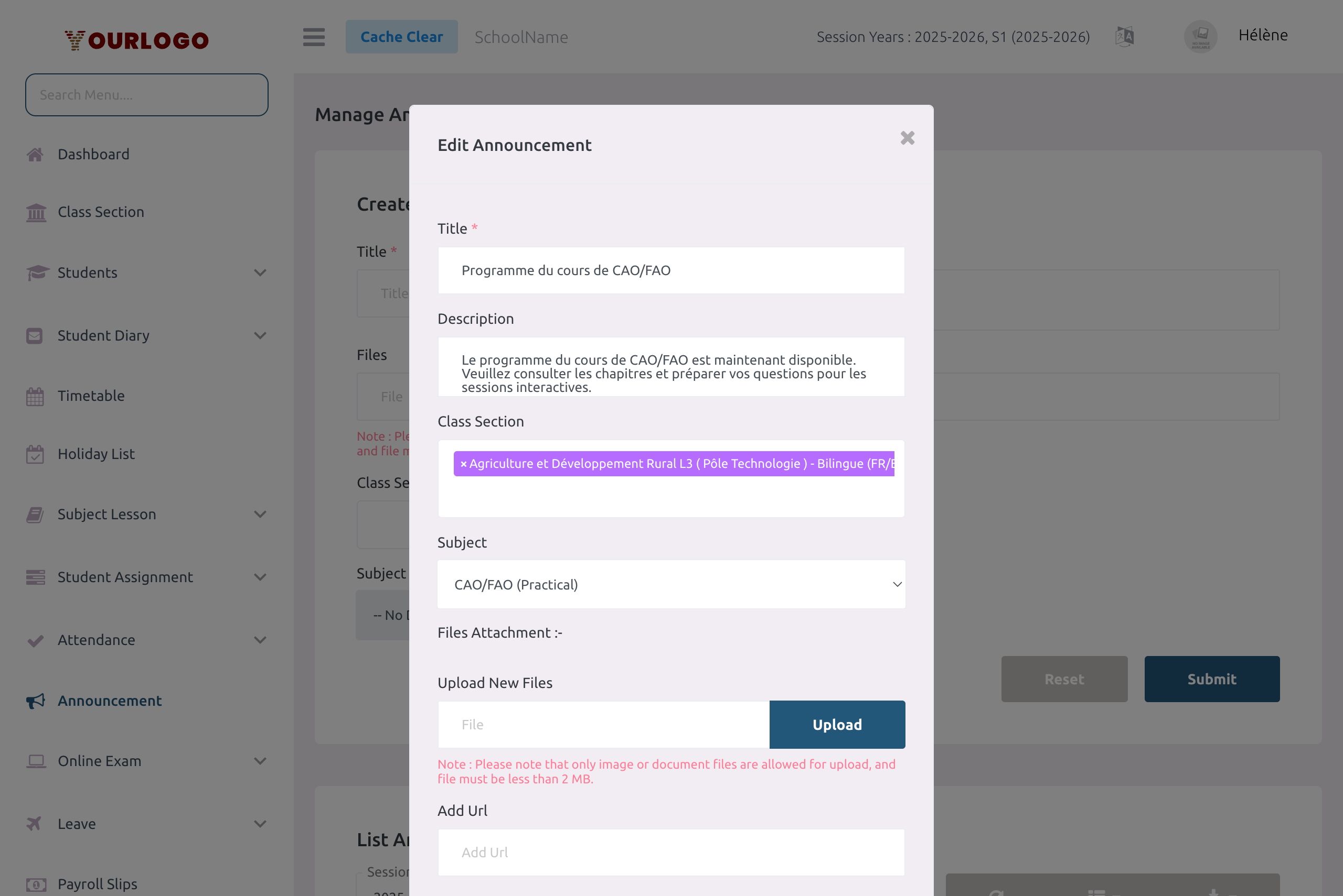 Edit announcement modal with pre-filled title, description, class sections, and file management