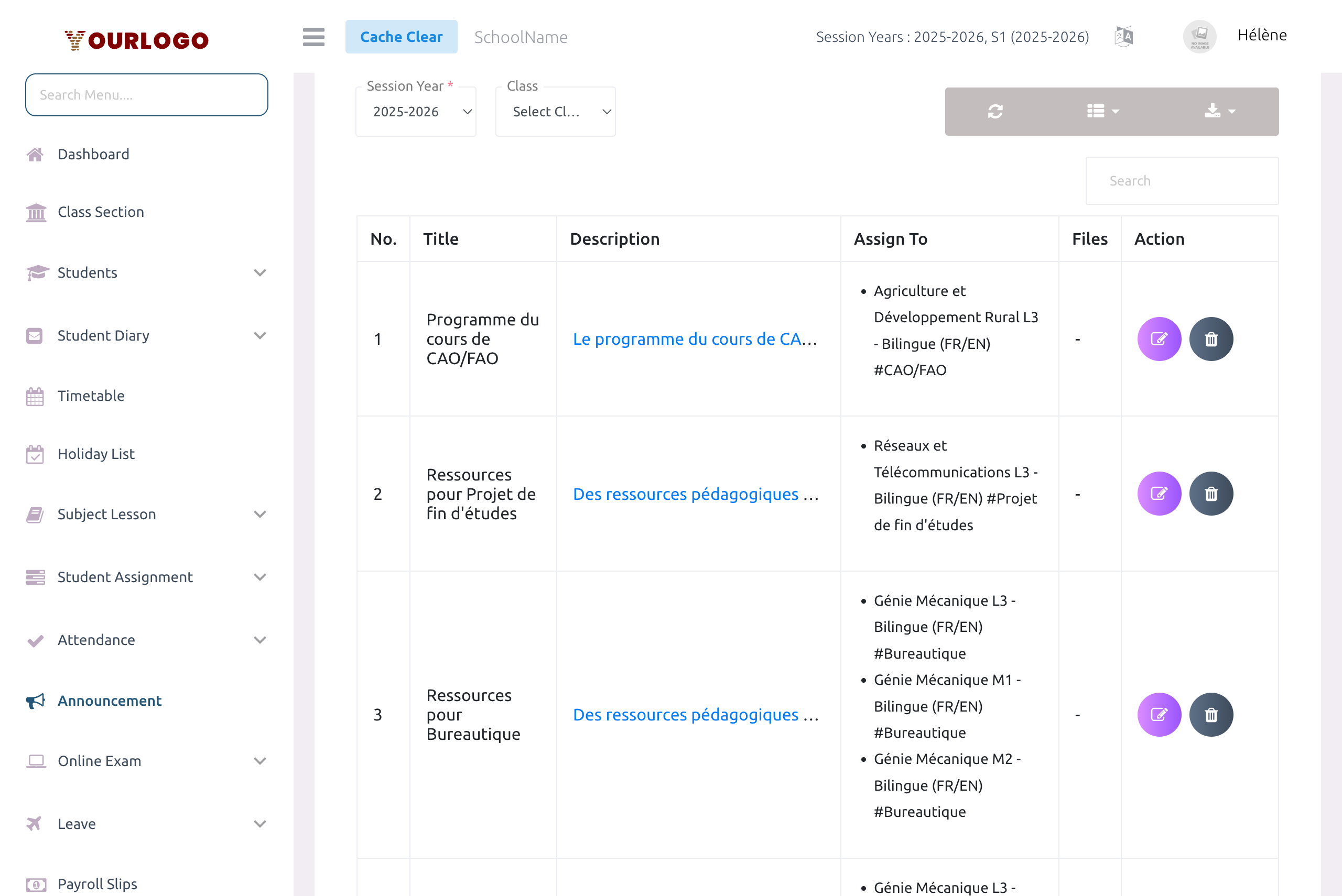 Announcement list table with session year filter, class filter, search, and export options