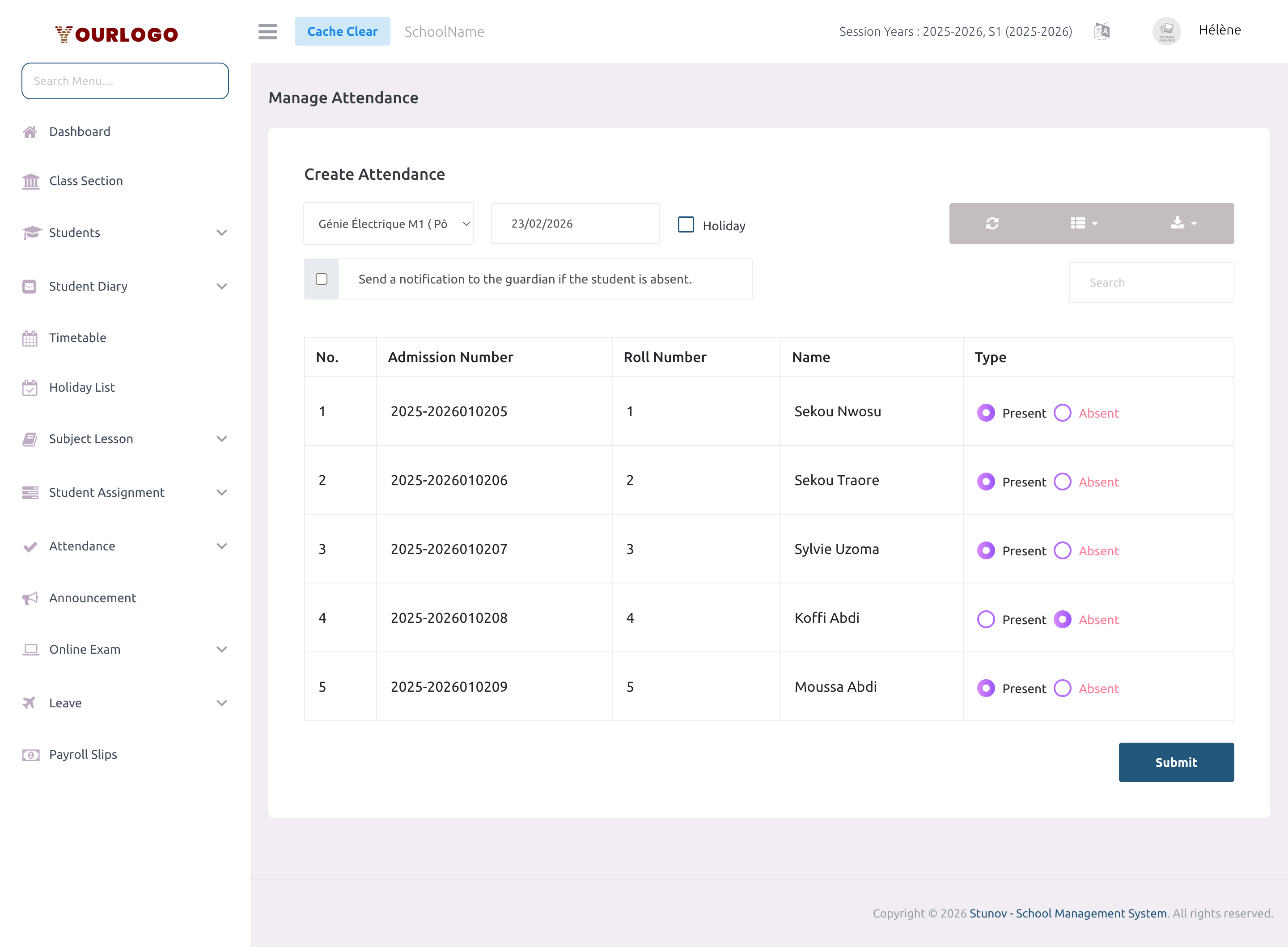 Web panel add attendance page with students marked