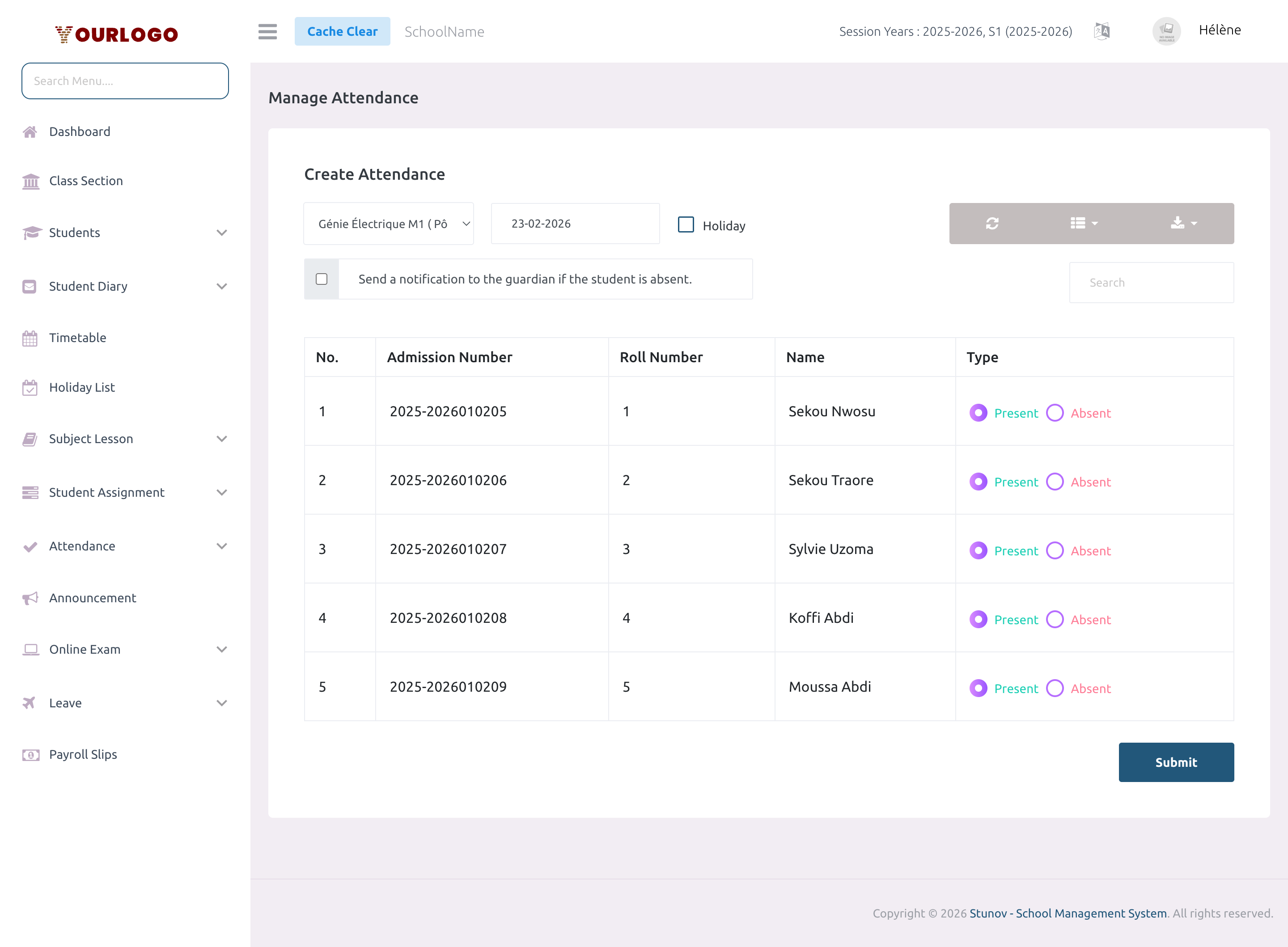 Add attendance page showing class section selector, date picker, and student list with Present/Absent radio buttons