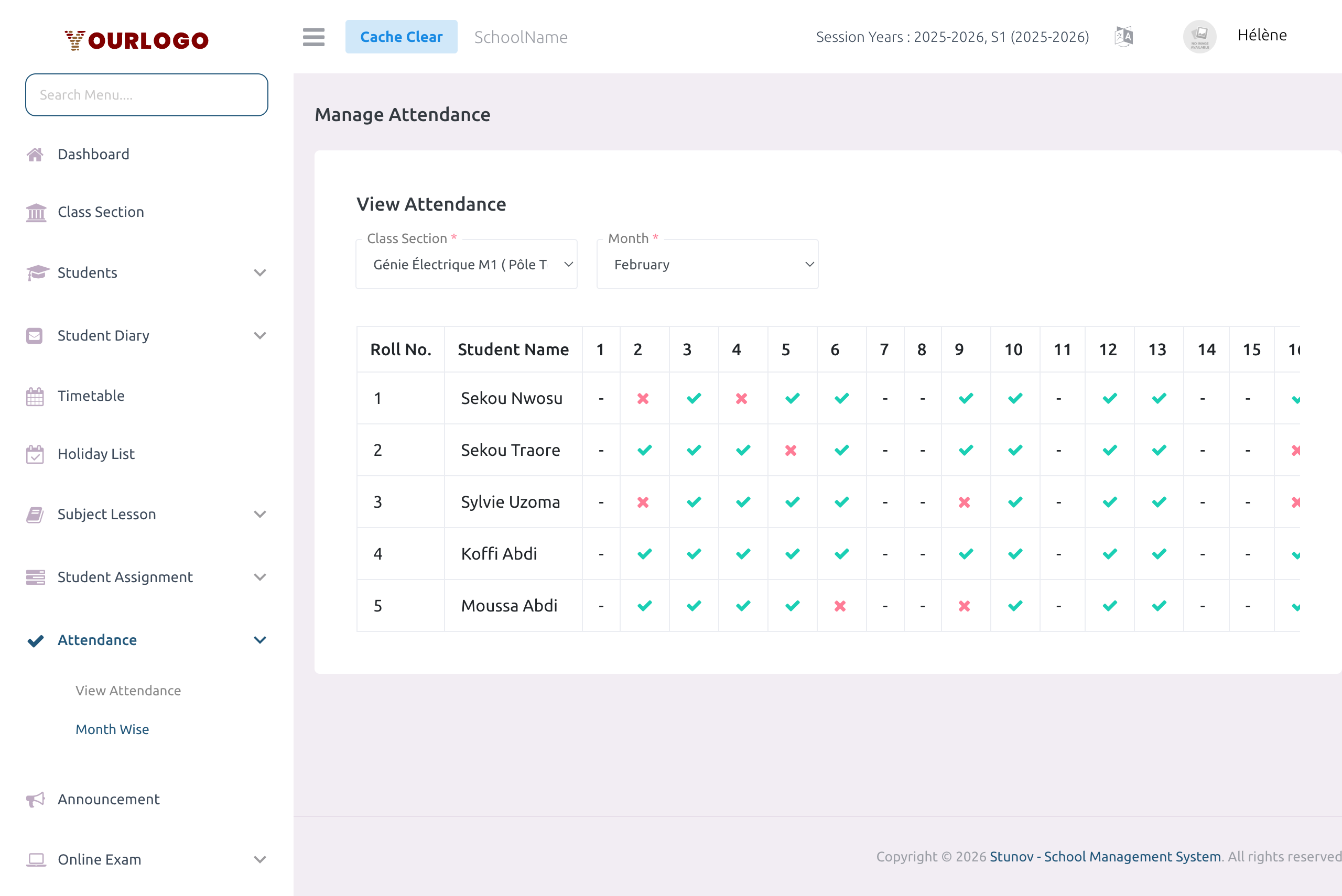 Month wise attendance grid showing students as rows and days as columns with check and cross icons
