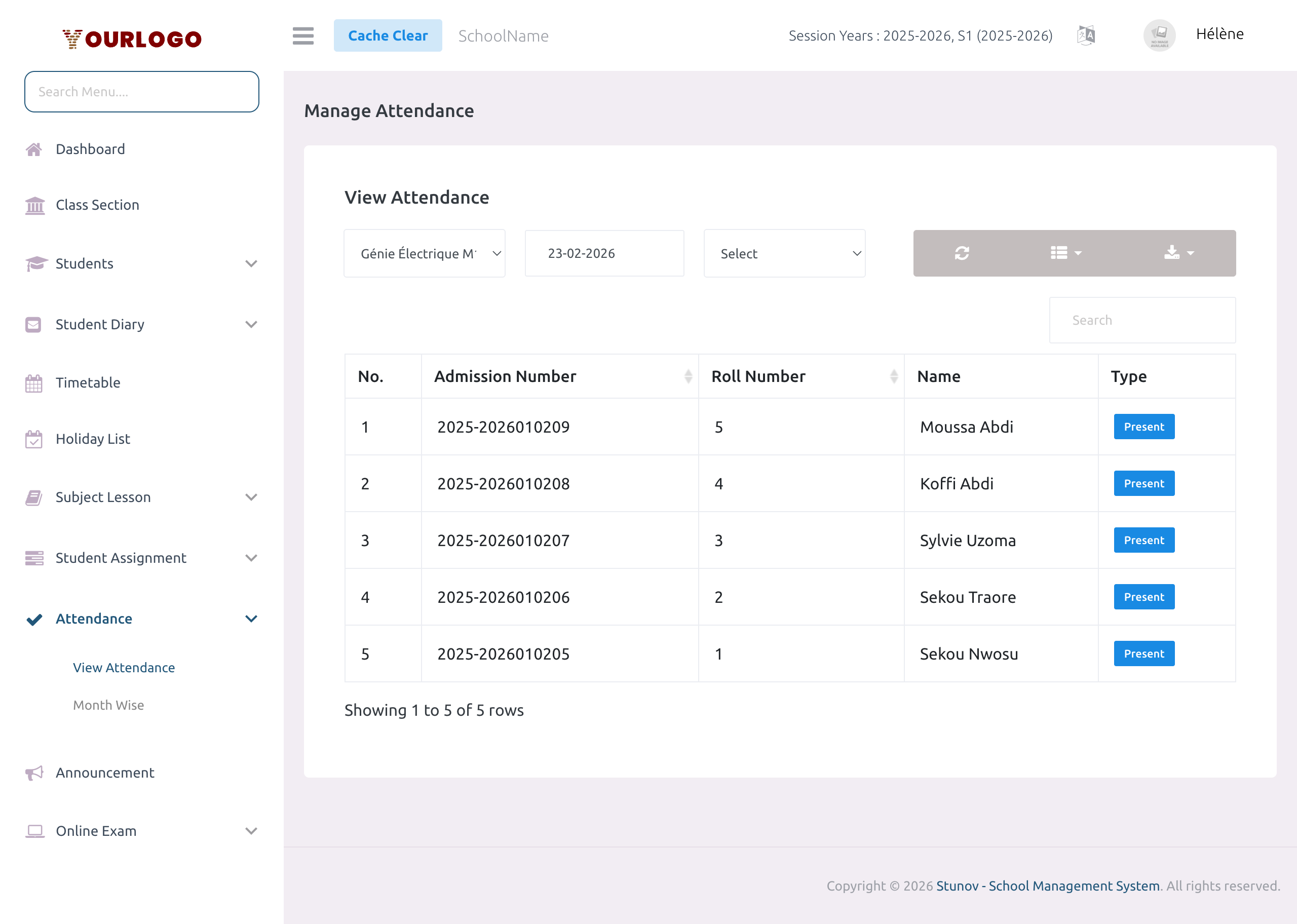 View attendance page showing class section and date filters with a student list displaying Present status