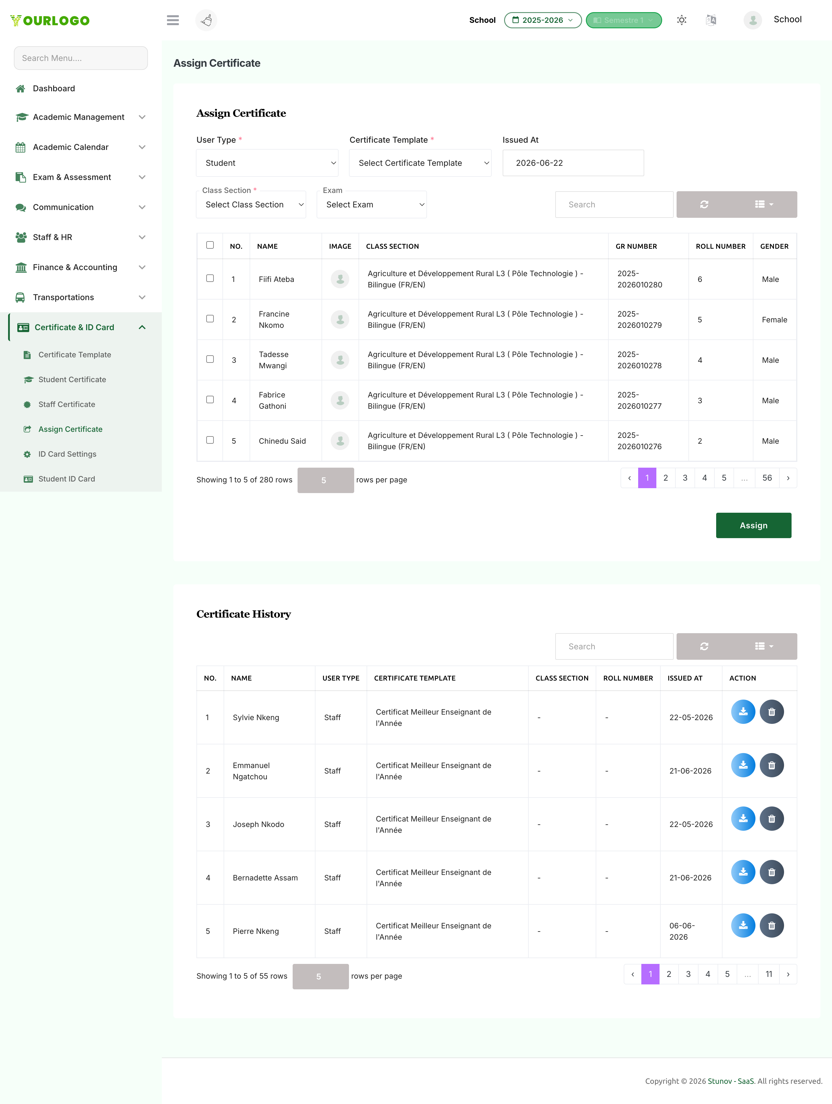 Assign Certificate page with audience, template, recipient table, and history