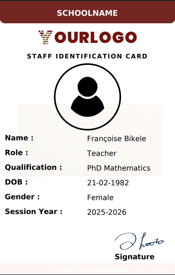 Generated staff ID card showing staff photo, name, role, and selected fields