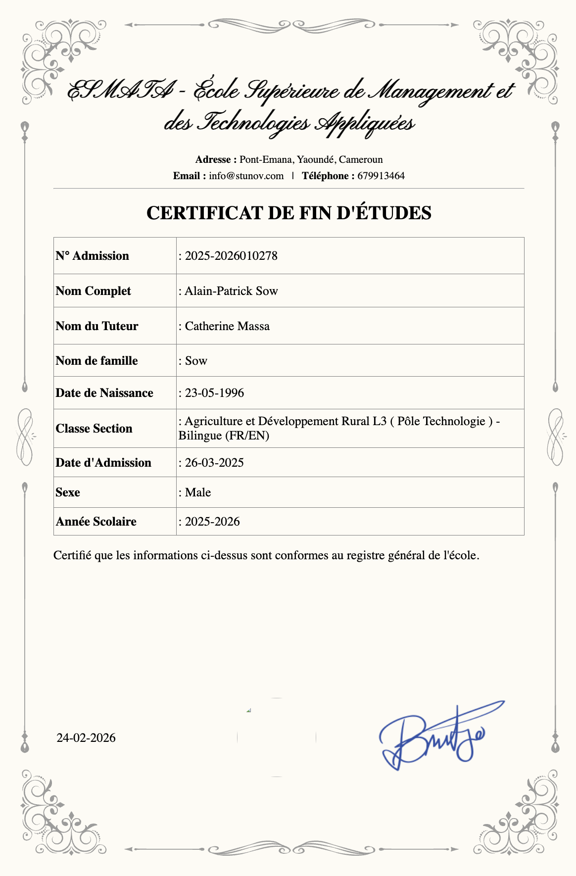 Student end-of-studies certificate example