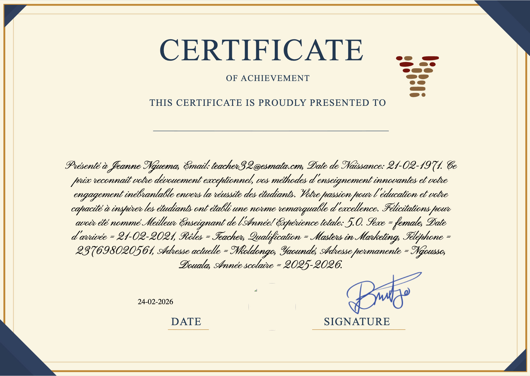 Staff achievement certificate example