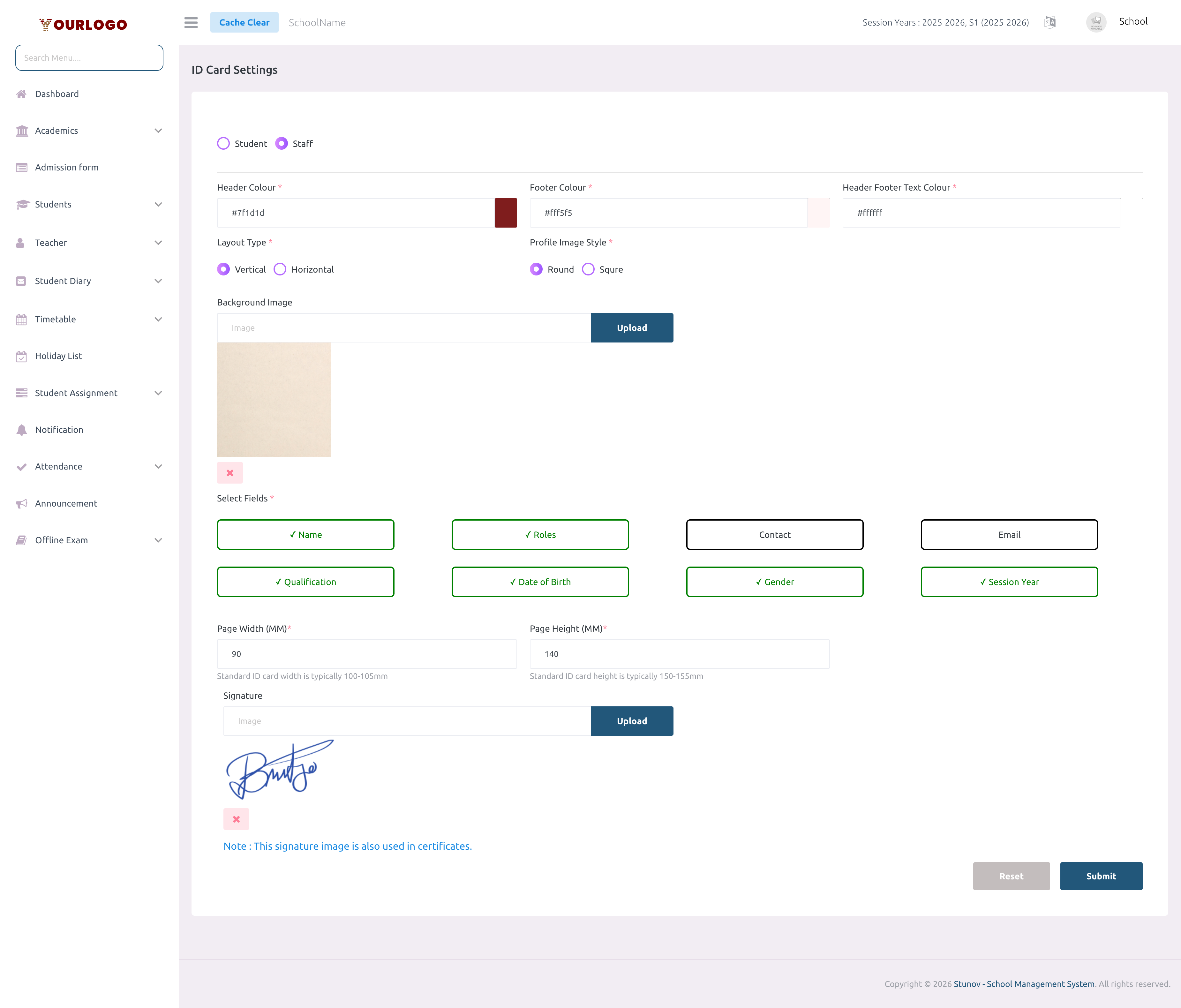Staff ID Card Settings page with color pickers, layout options, field checkboxes, and dimension inputs