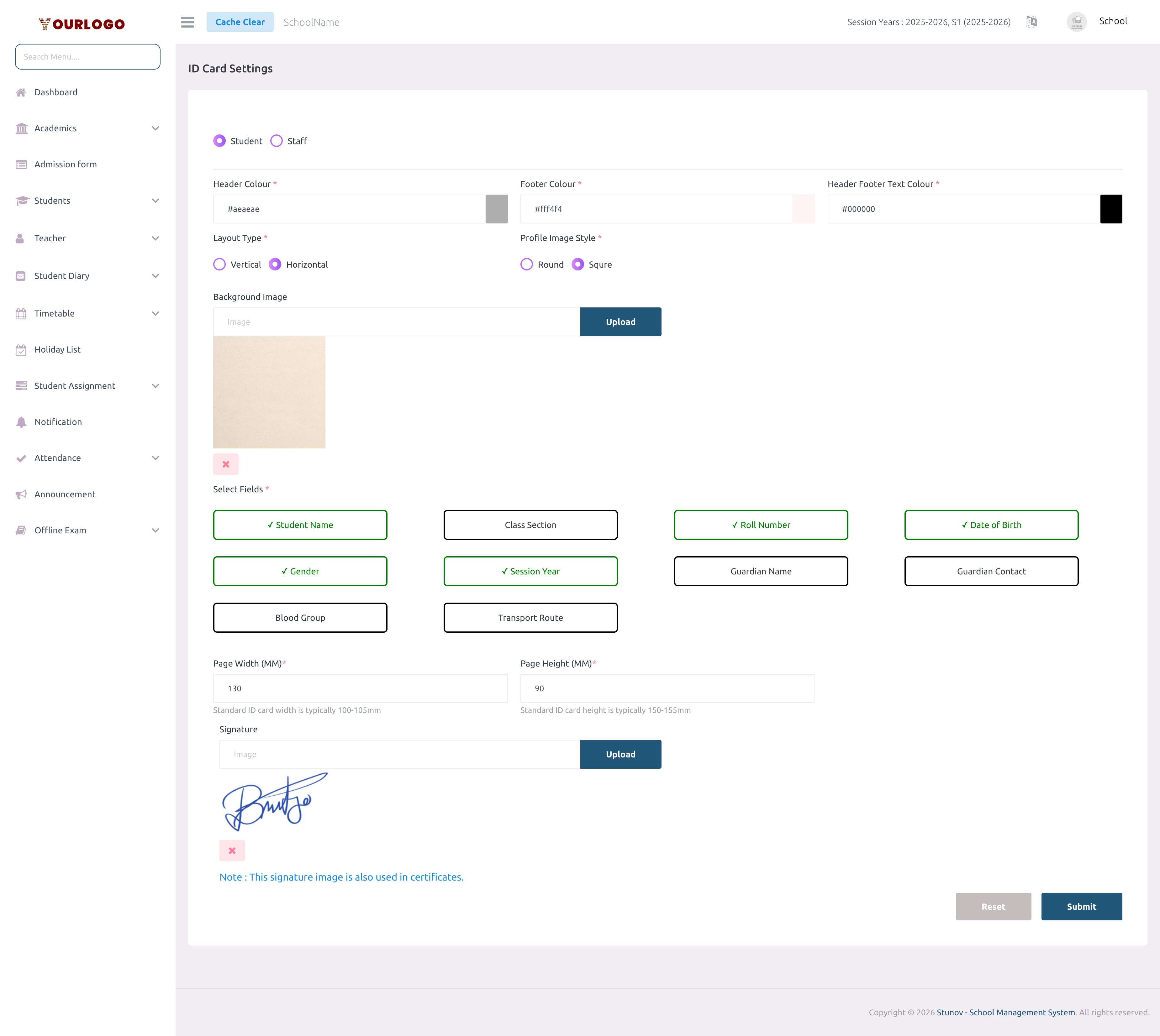 Student ID Card Settings page with color pickers, layout options, field checkboxes, and dimension inputs