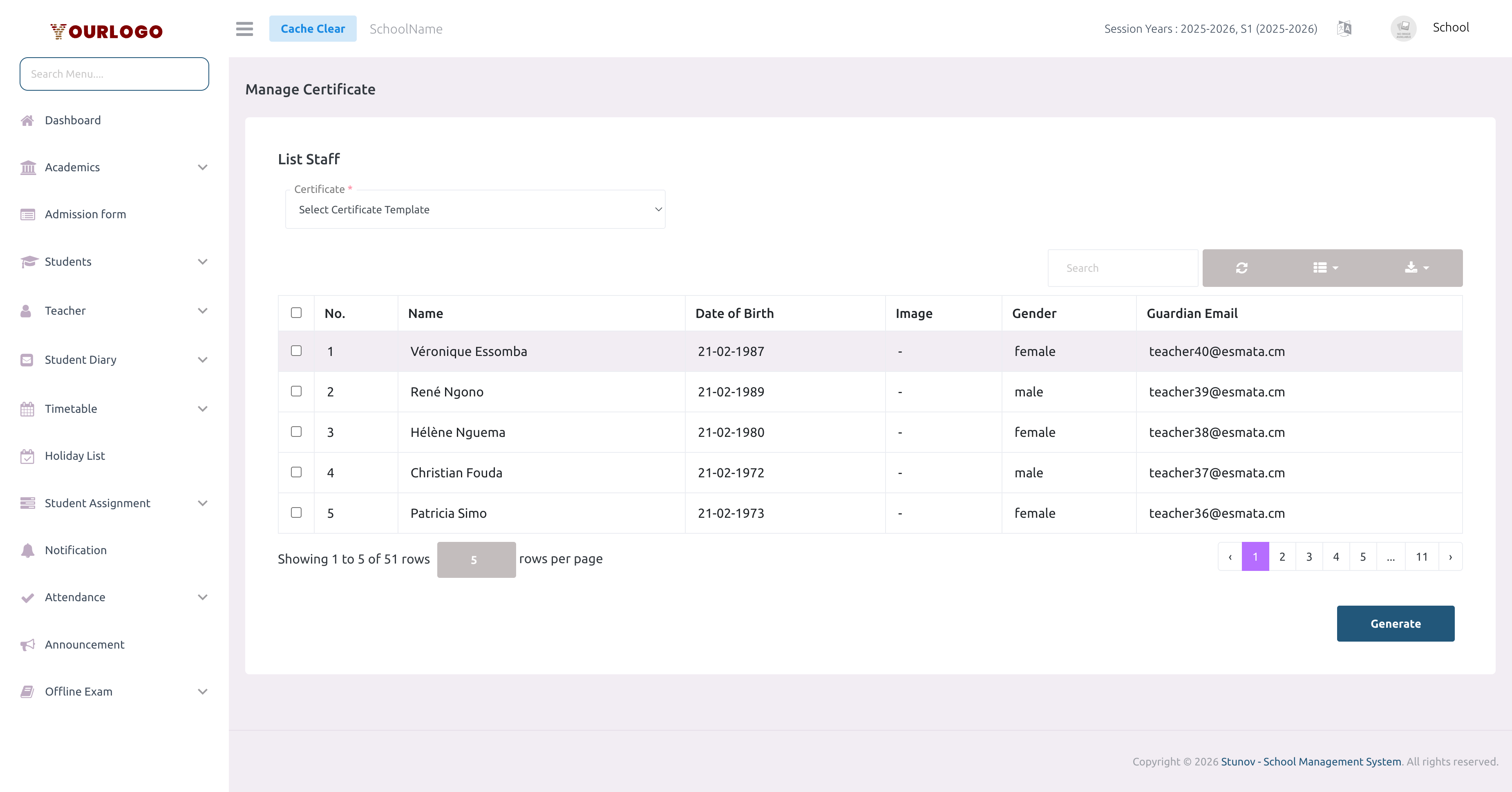 Staff Certificate generation page with template selector and staff list