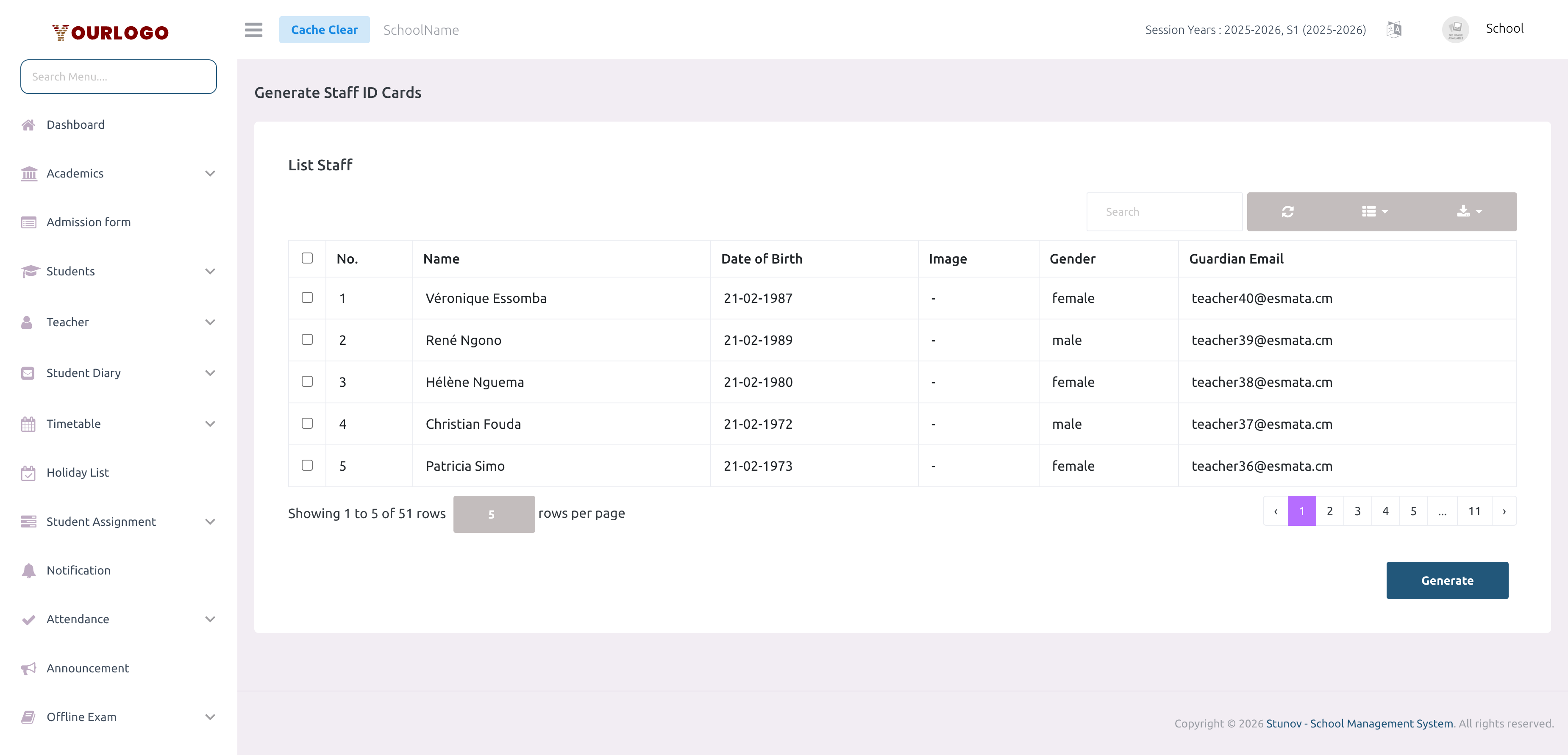Staff ID Card generation page with staff selection table
