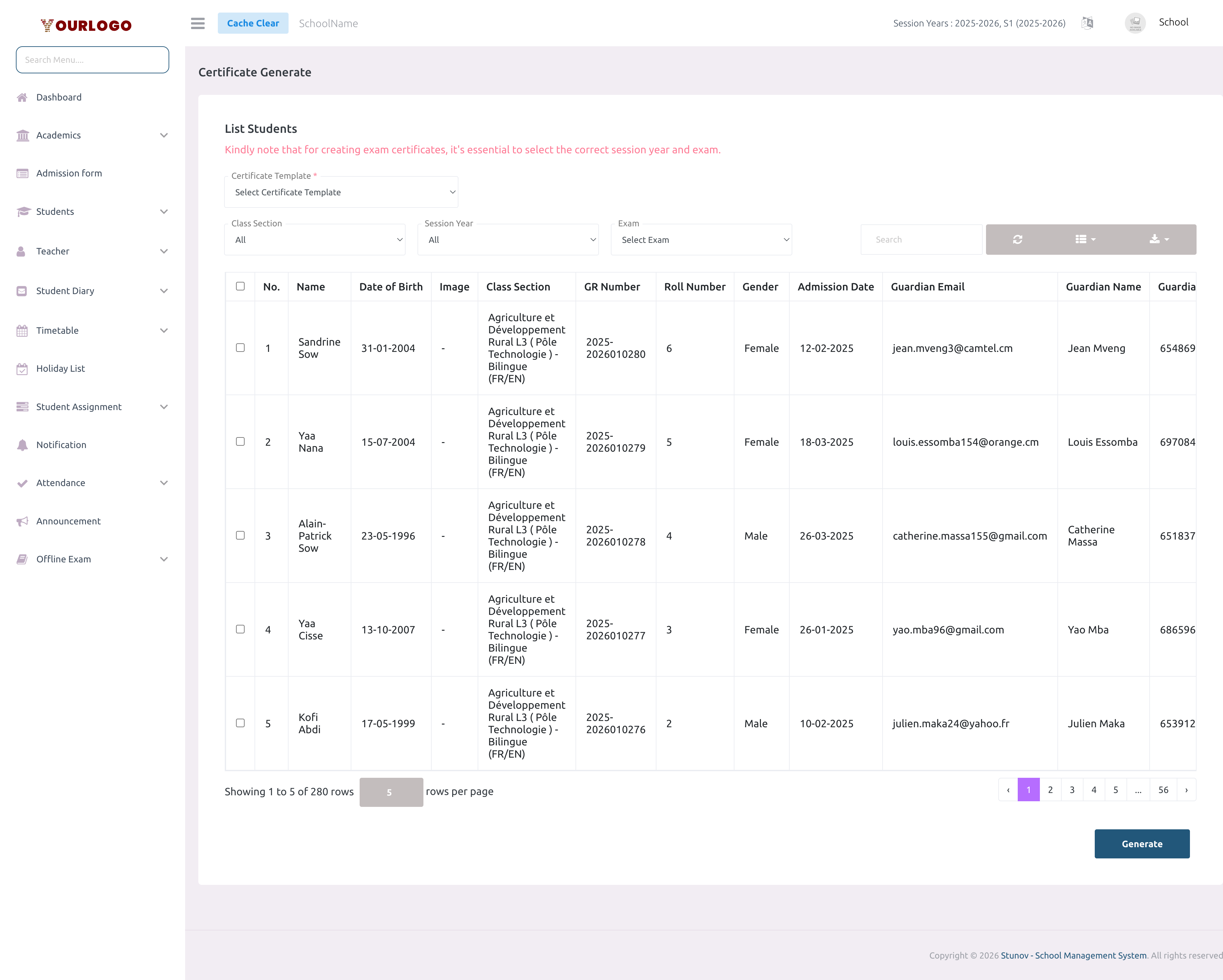 Student Certificate generation page with template selector, class section filter, and student list