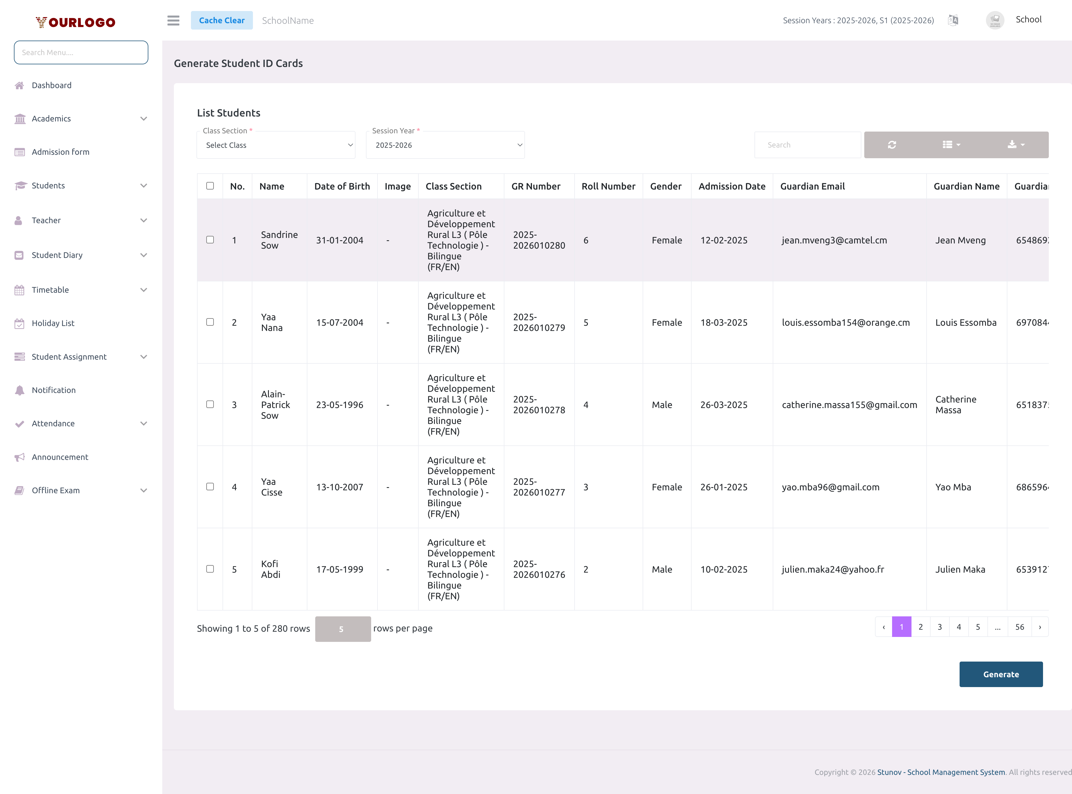 Student ID Card generation page with class section filter and student selection table