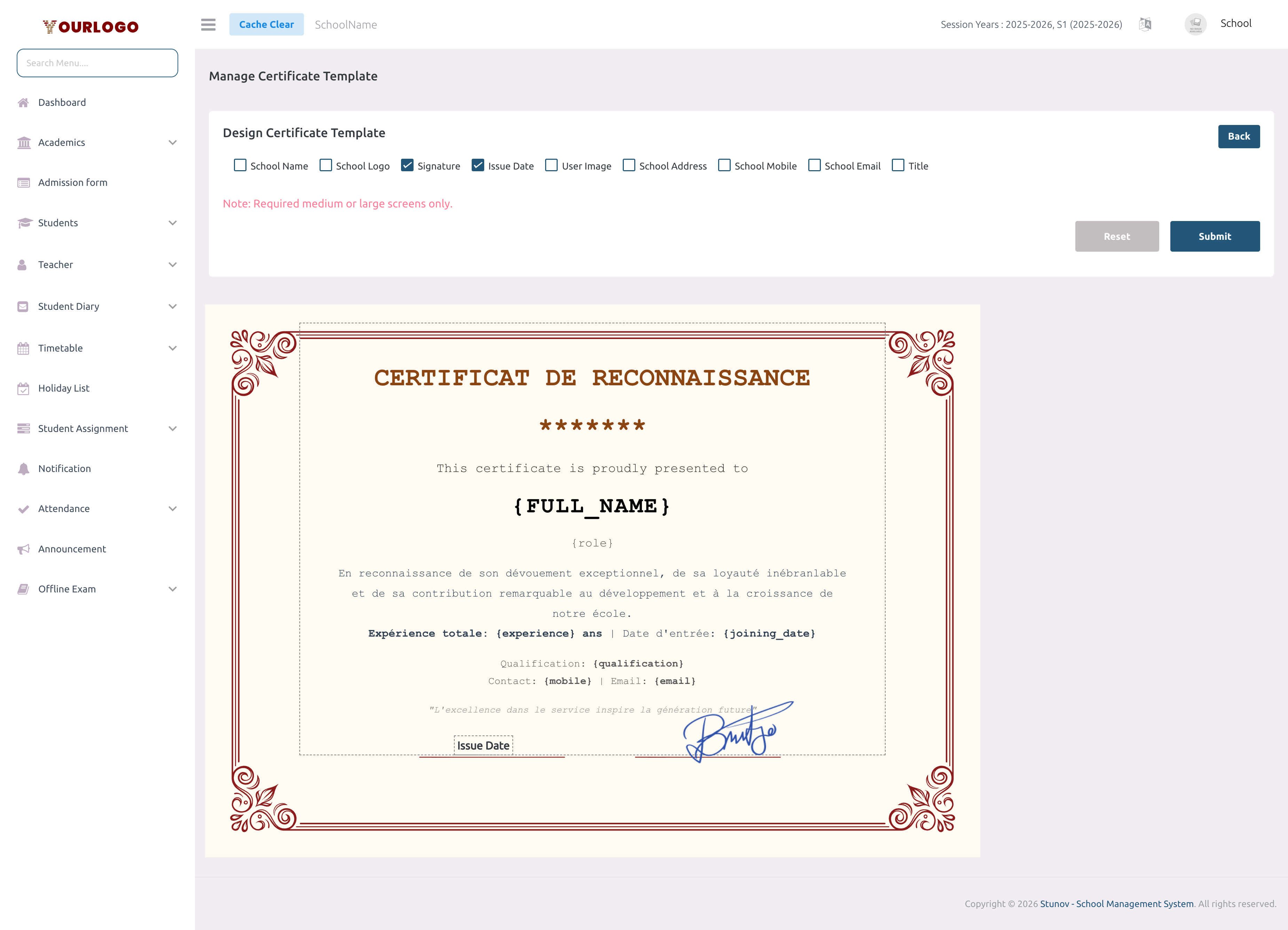 Certificate template layout designer with draggable fields on the certificate background