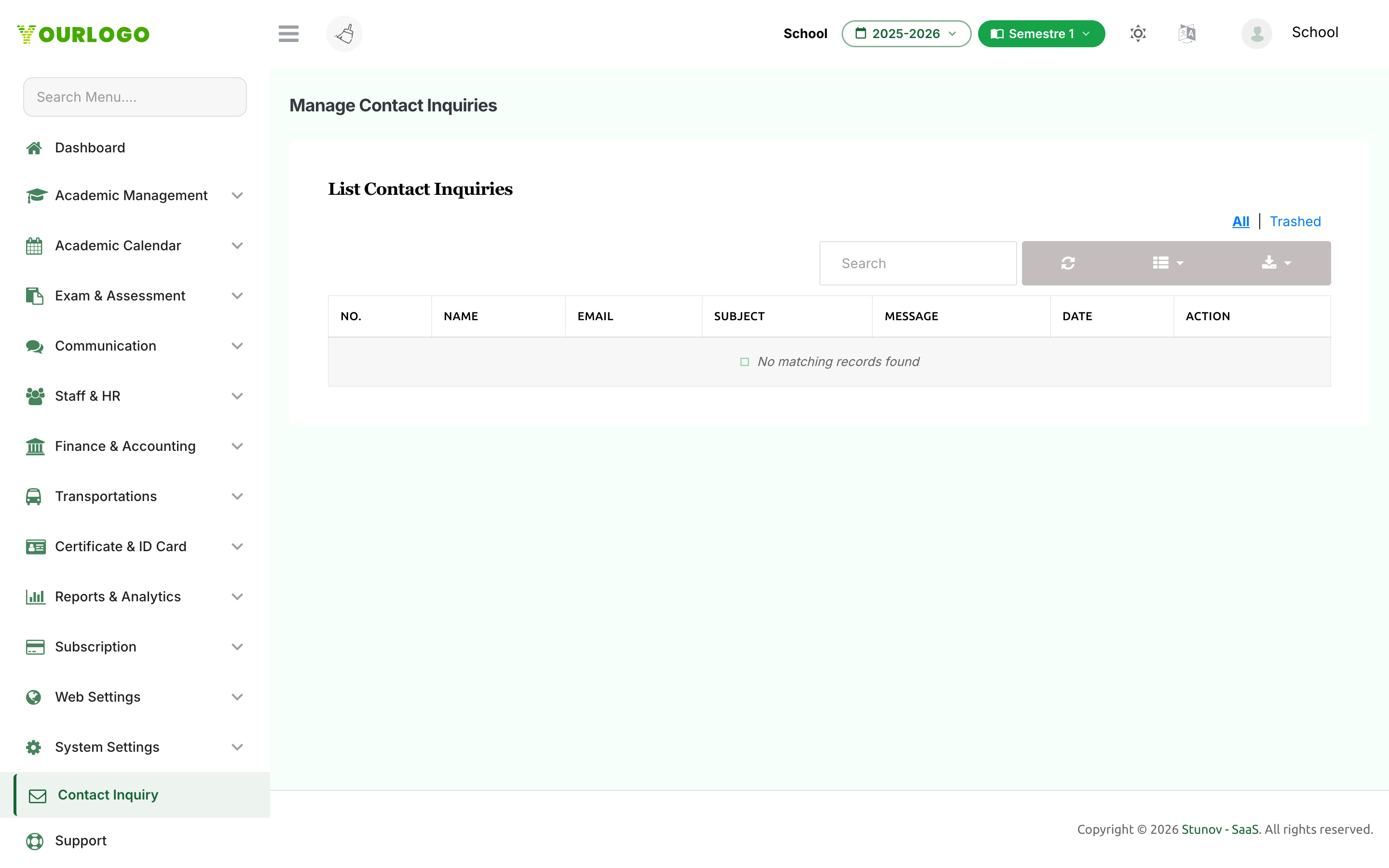 Contact Inquiry list showing name, email, subject, message, and date