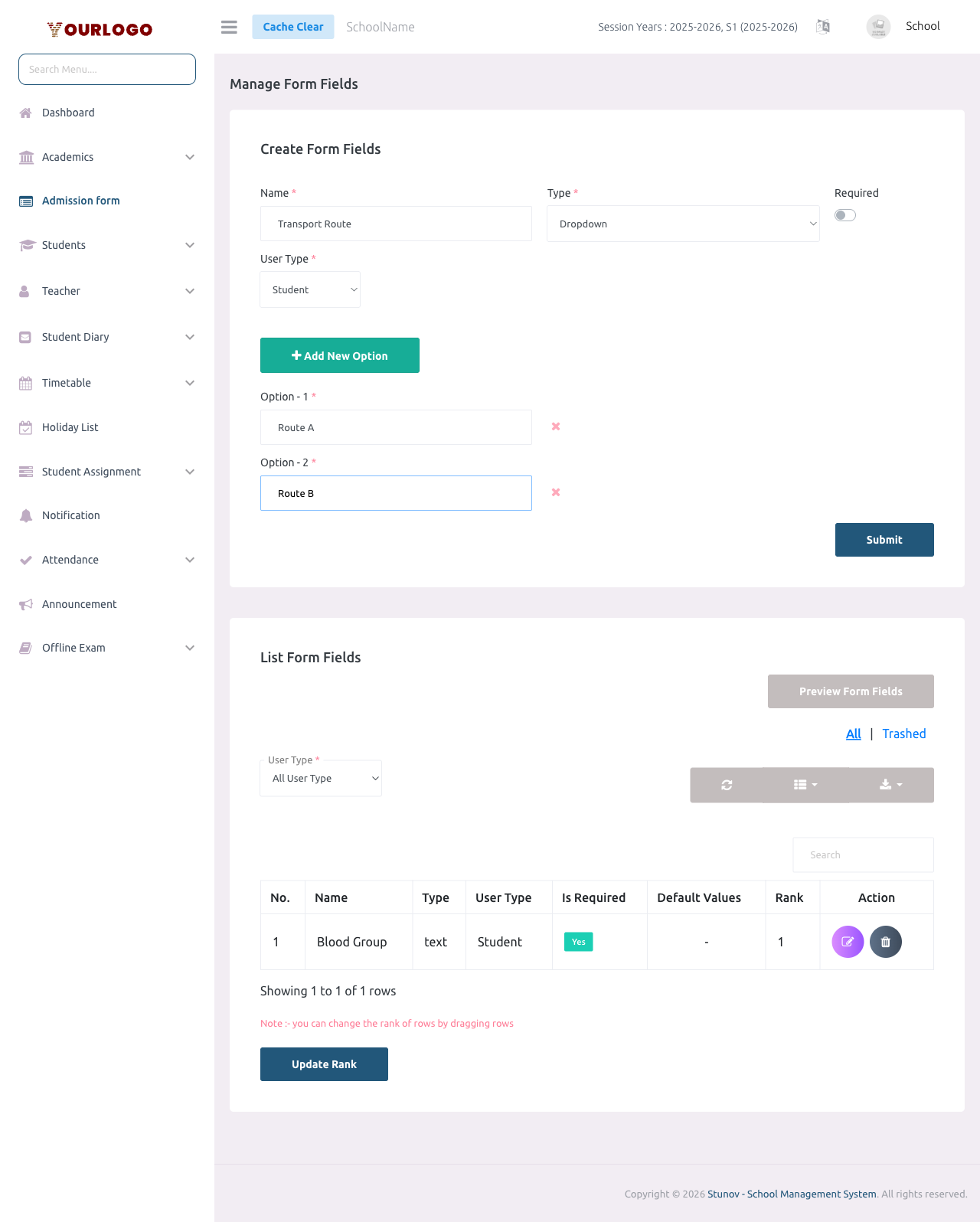 Create form with Dropdown type selected showing option repeater fields