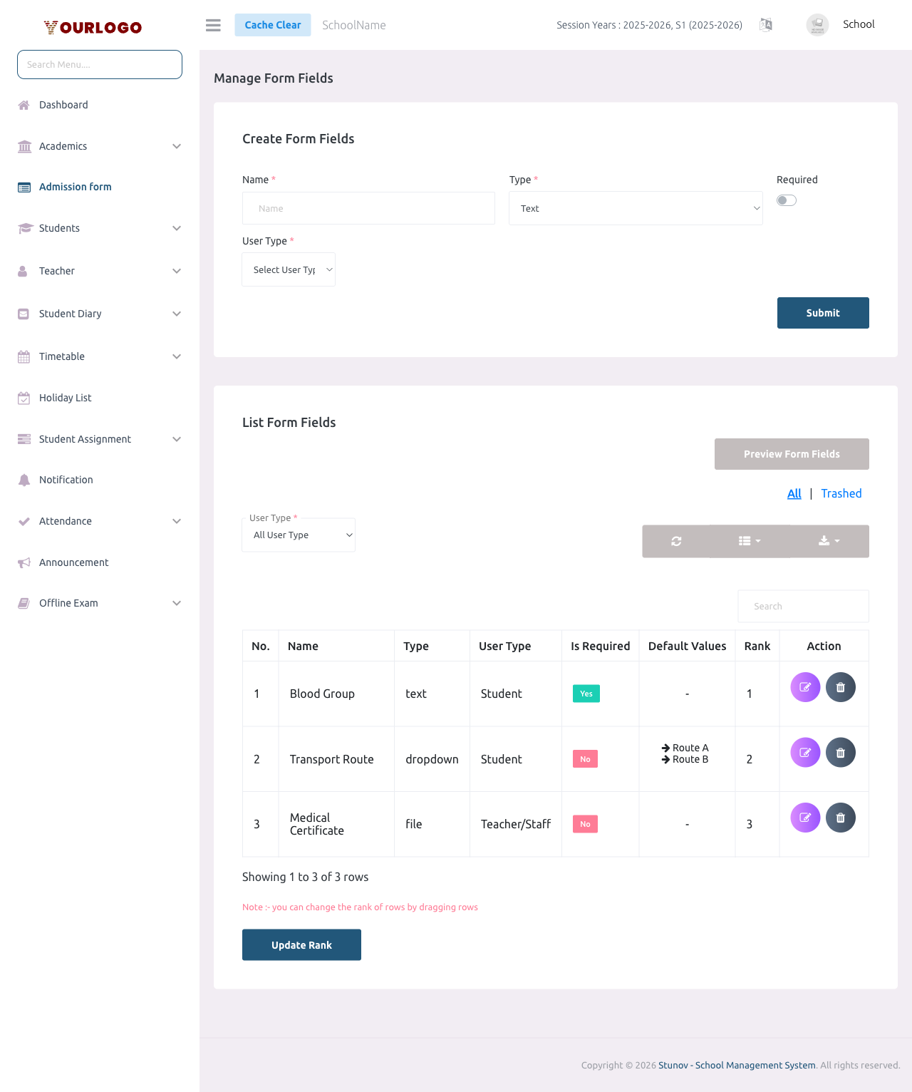 Custom Fields page showing the create form and list table with three custom fields