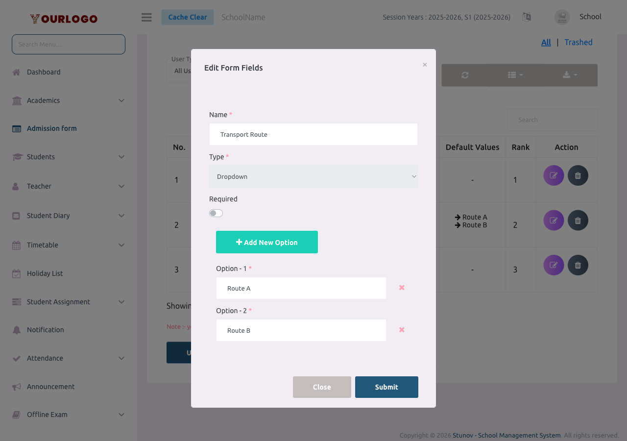Edit modal for a custom field showing name, type, required toggle, and options