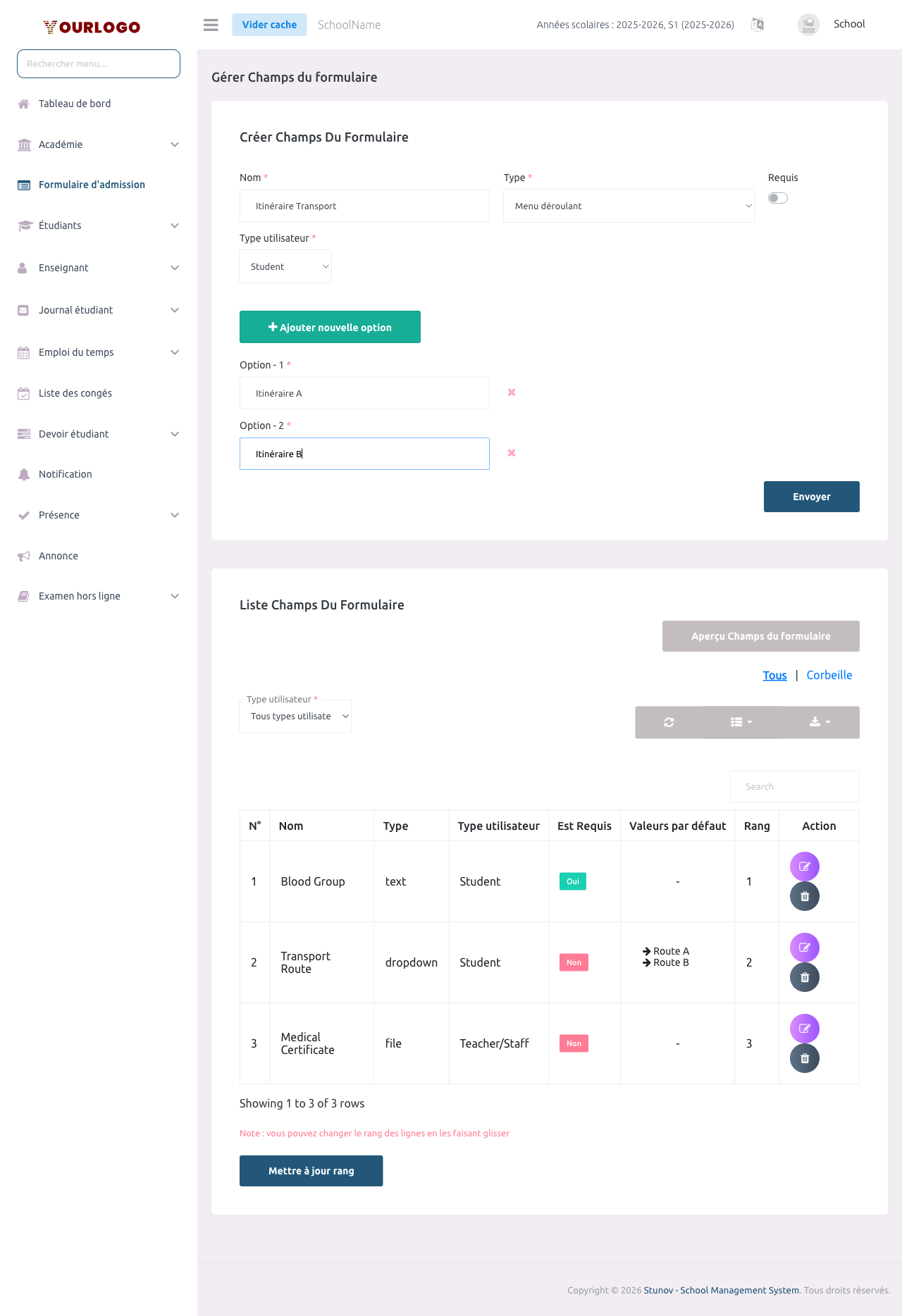 Formulaire de création avec le type Liste déroulante sélectionné montrant les champs du répéteur d'options