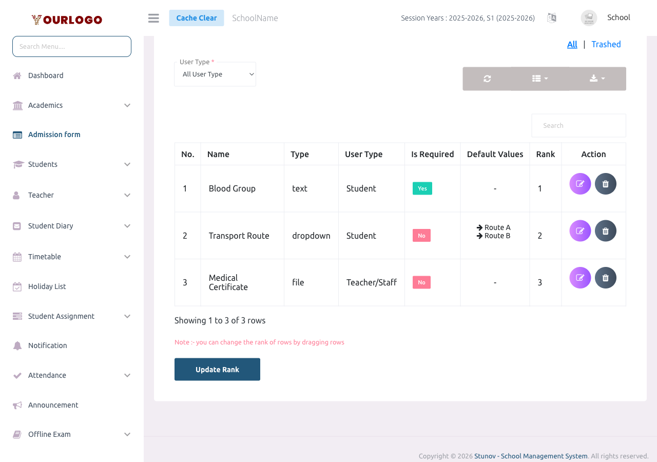 Preview modal showing how custom fields appear on the admission form