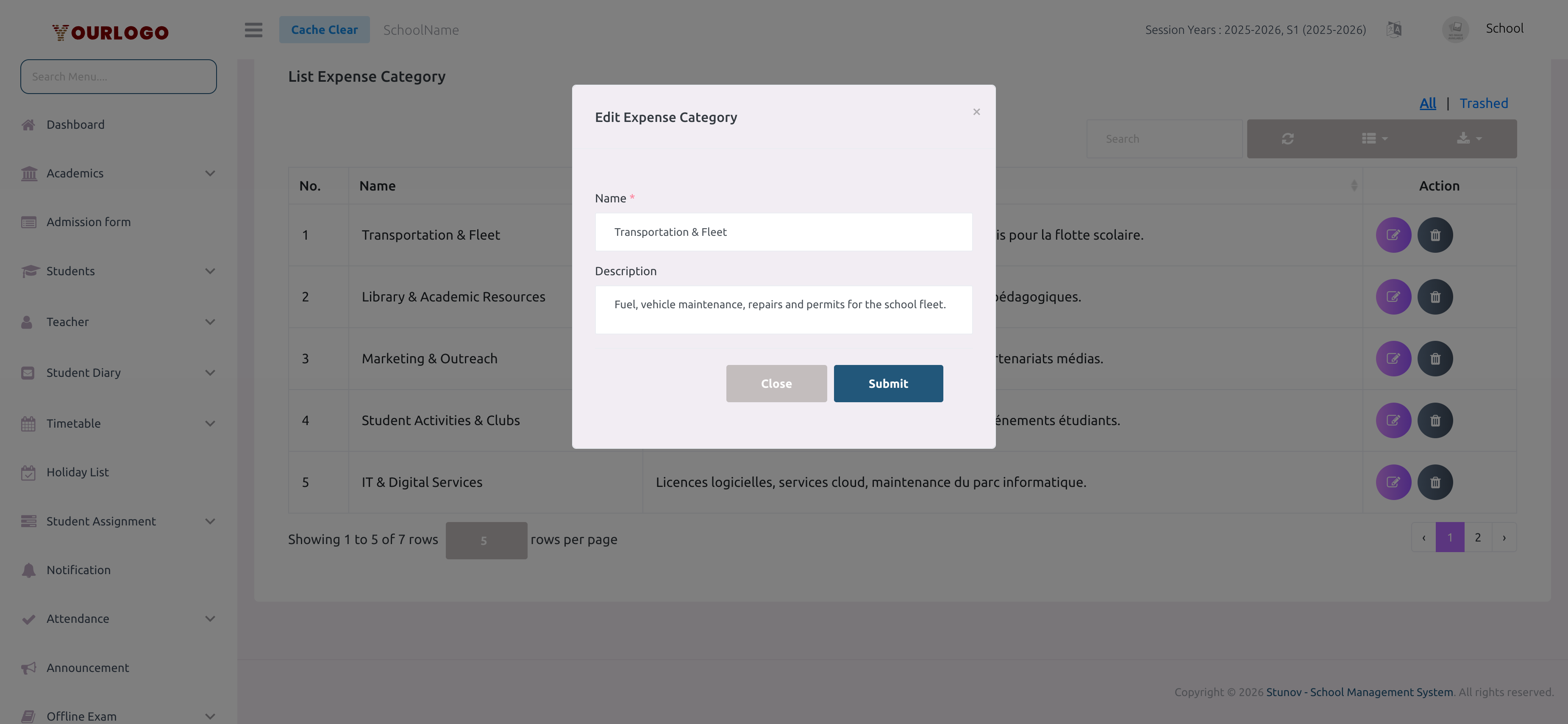 Expense category edit modal with pre-filled name and description