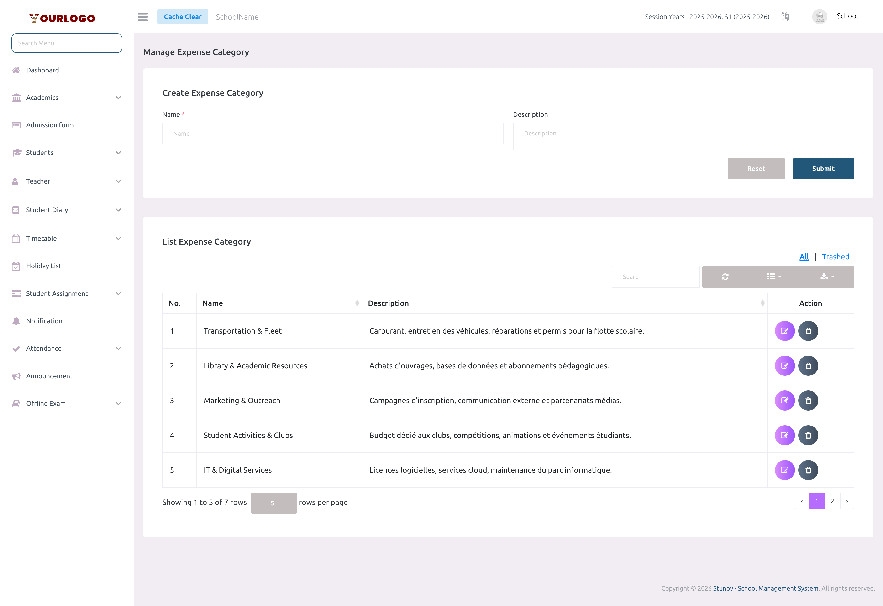 Expense category management page showing the create form and category list