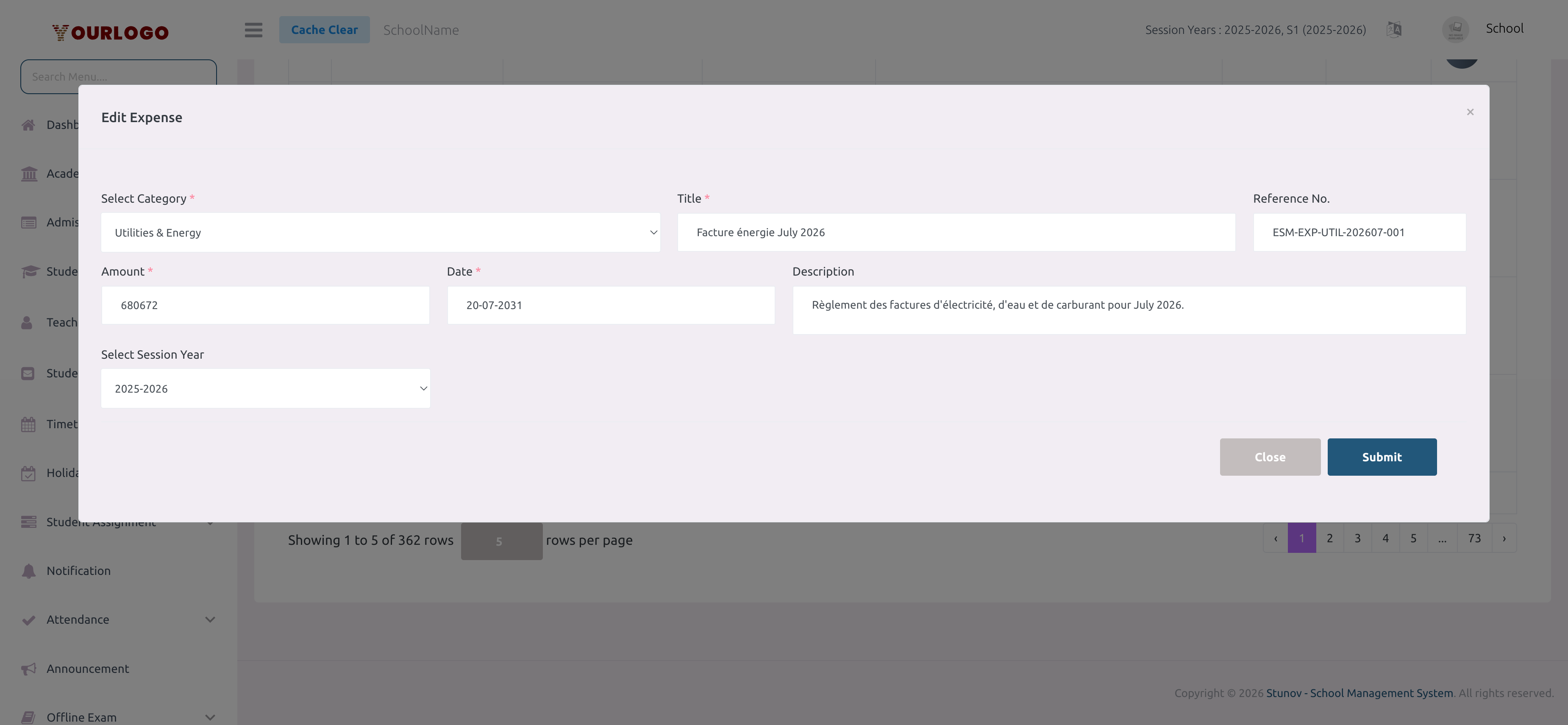 Expense edit modal with all fields pre-filled