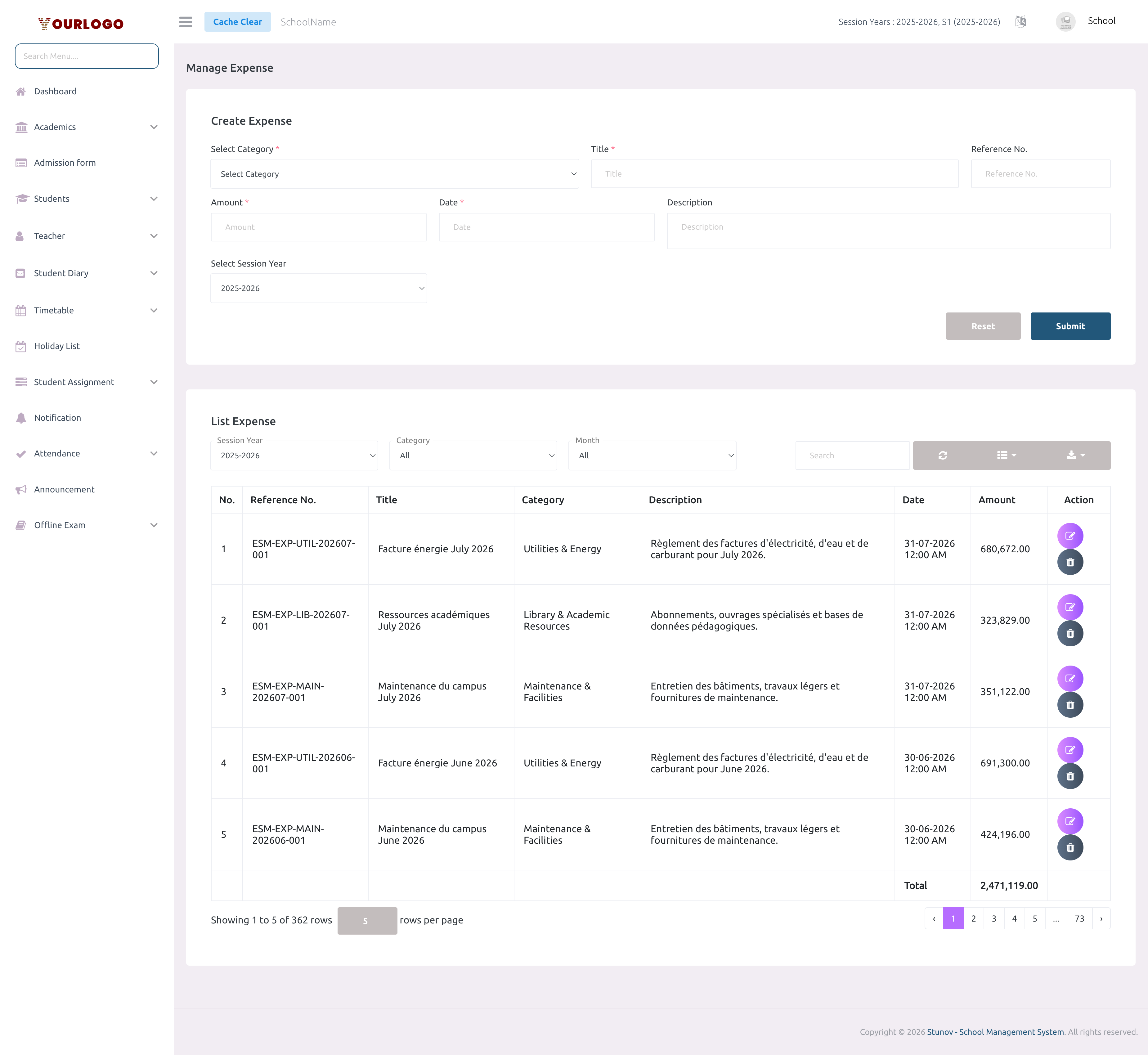 Manage Expense page showing the create form, filter bar, and expense list with totals
