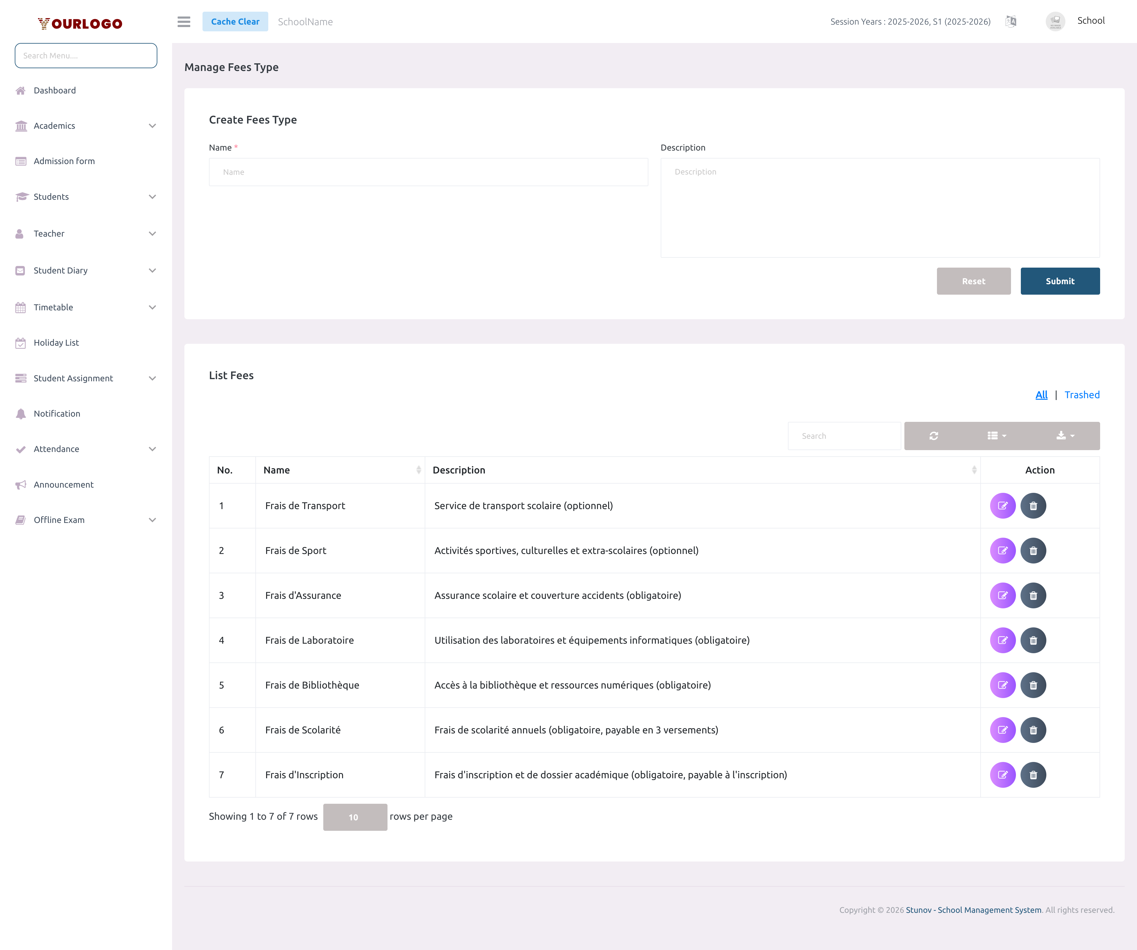 Fees Type page showing the create form and list of fee types