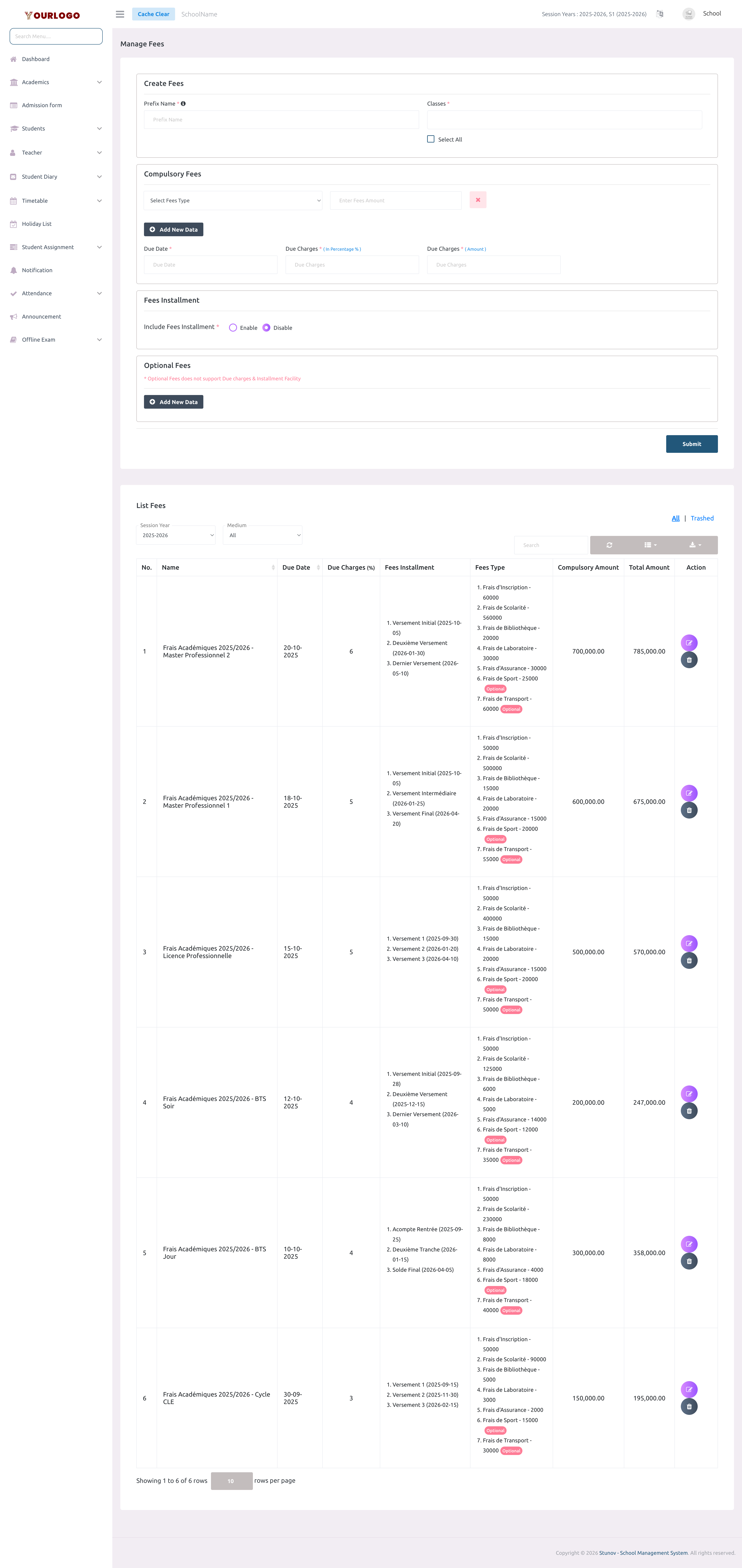 Manage Fee page showing the create form with compulsory fees, due charges, installments, and optional fees sections