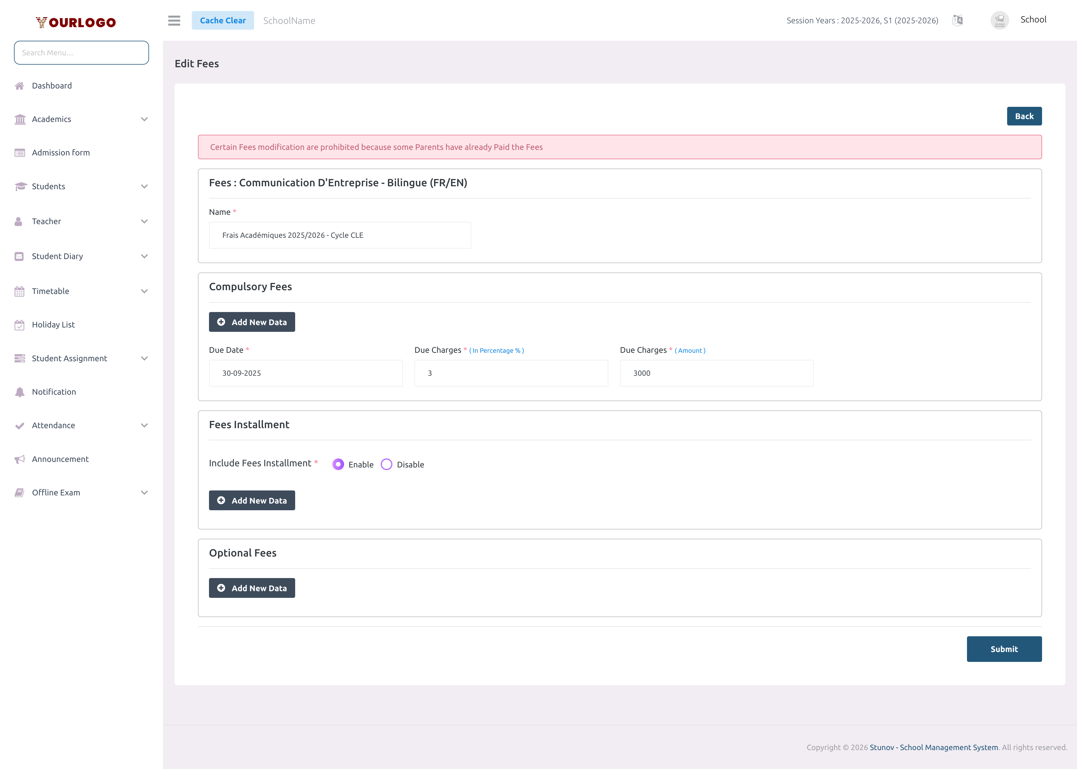 Edit fee page showing the fee configuration form with pre-filled values