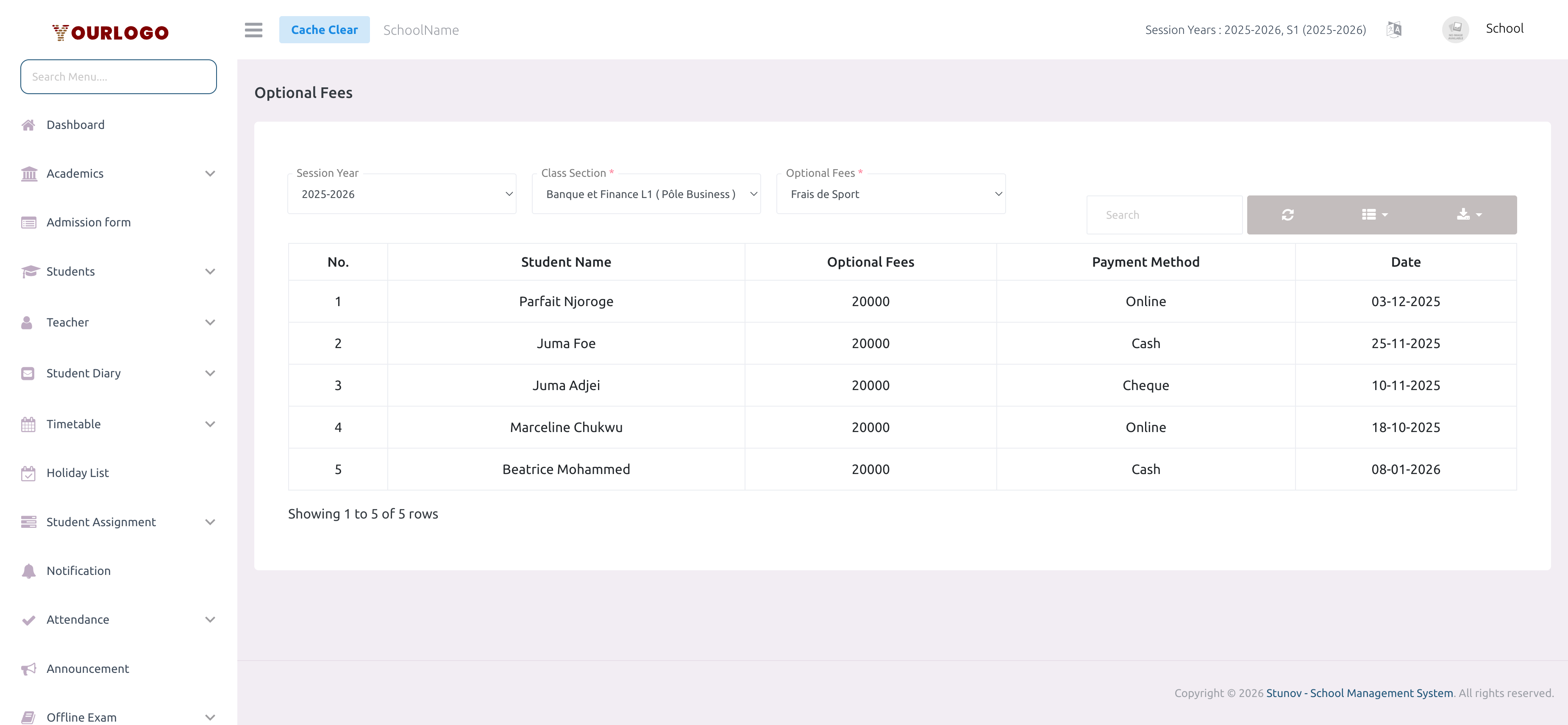 Optional Fee page showing filters and payment list