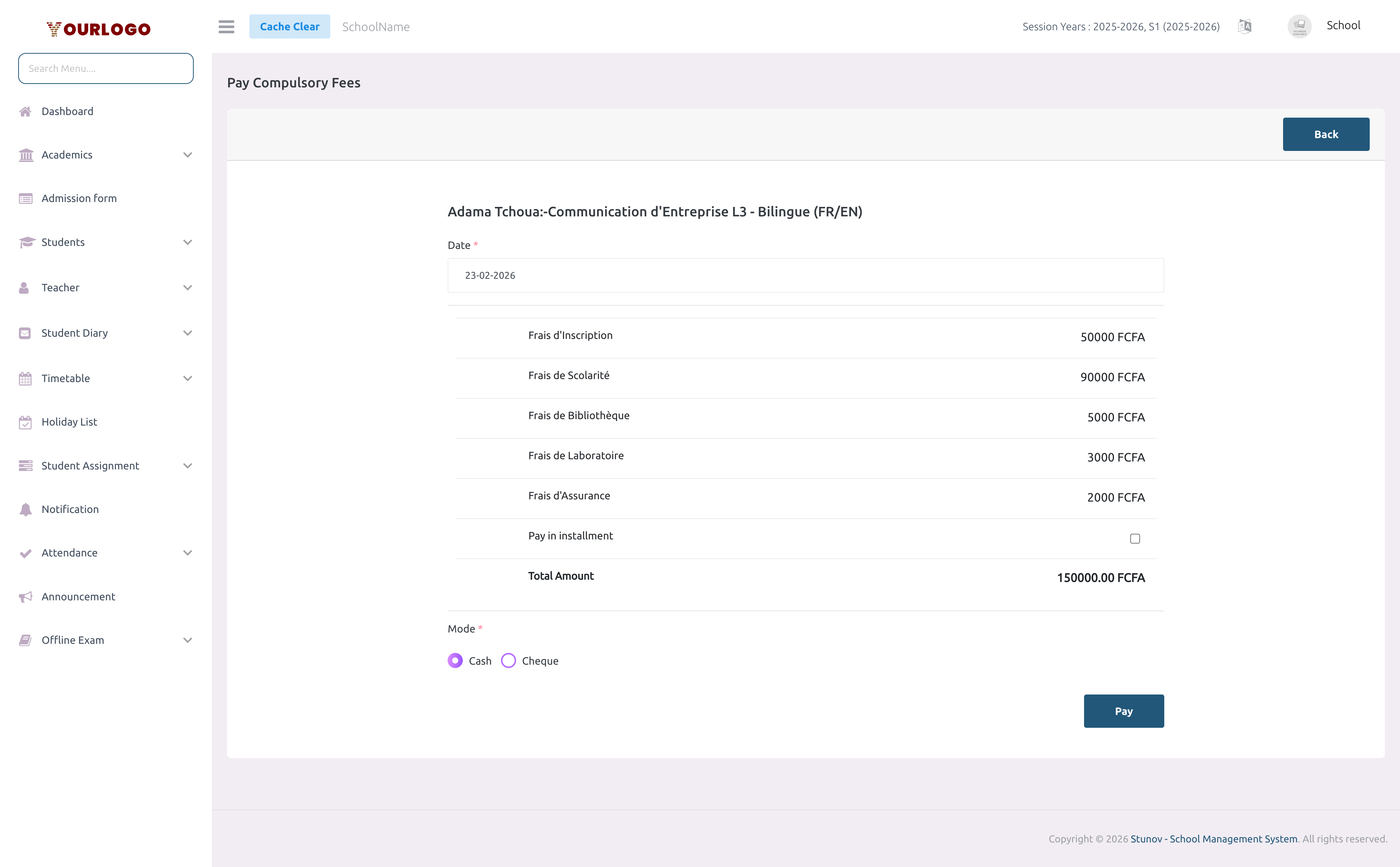 Pay compulsory fees form showing fee breakdown and payment fields