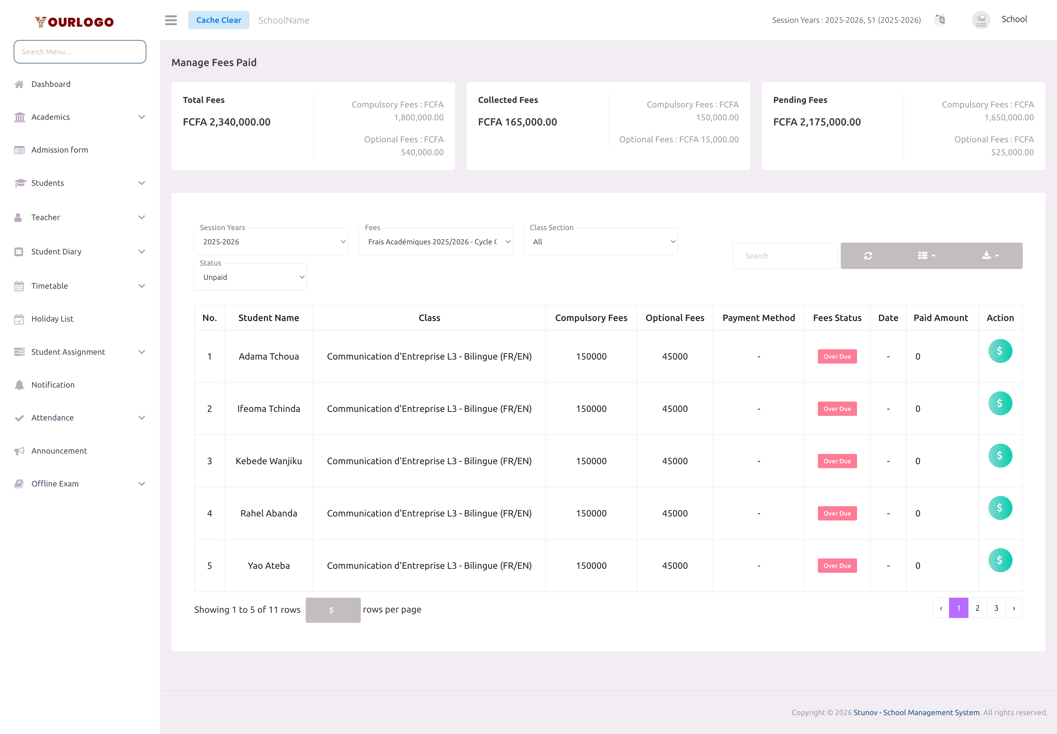 Student Fees page showing summary cards and filters at the top