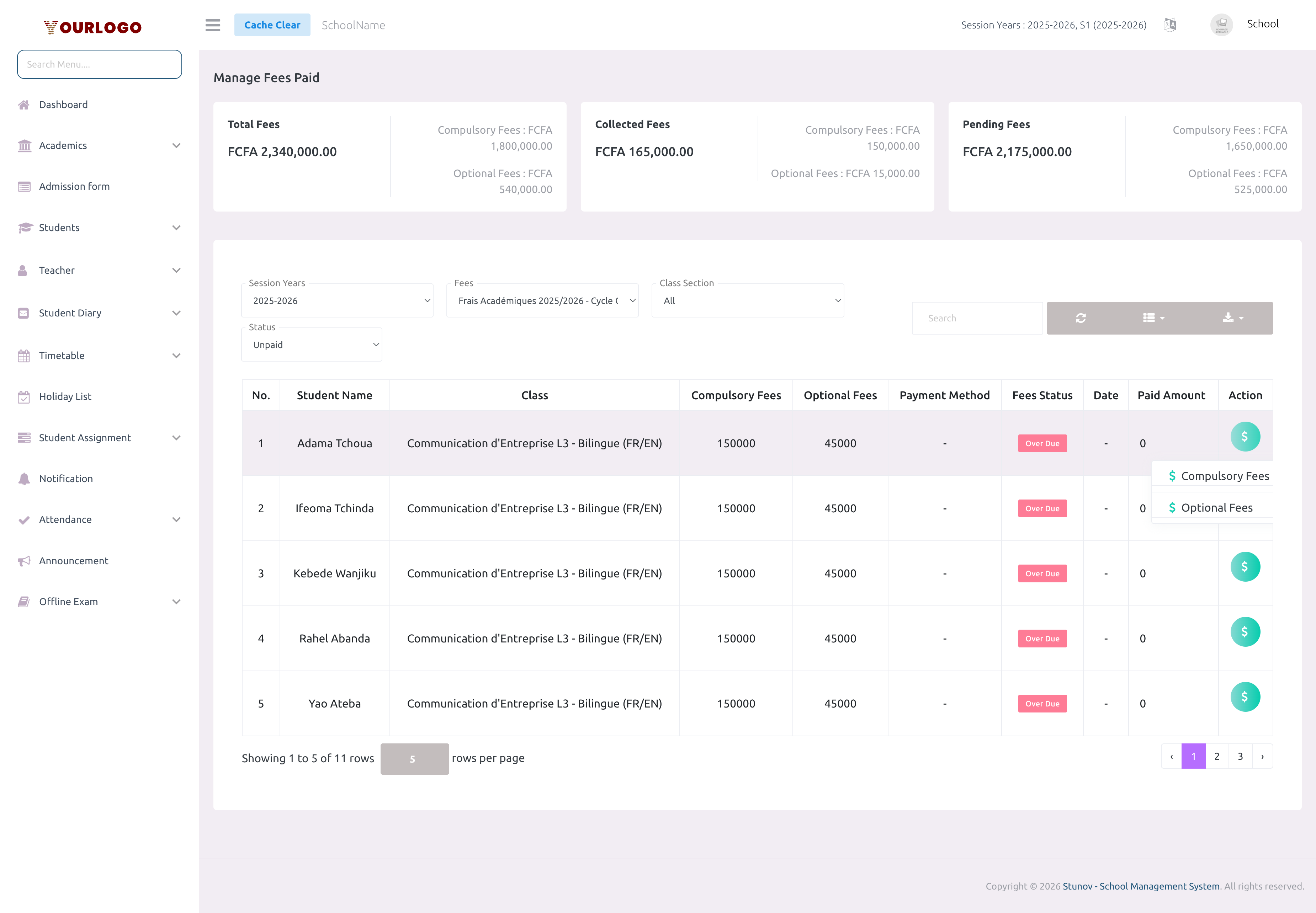 Student list table showing fees status, amounts, and action buttons